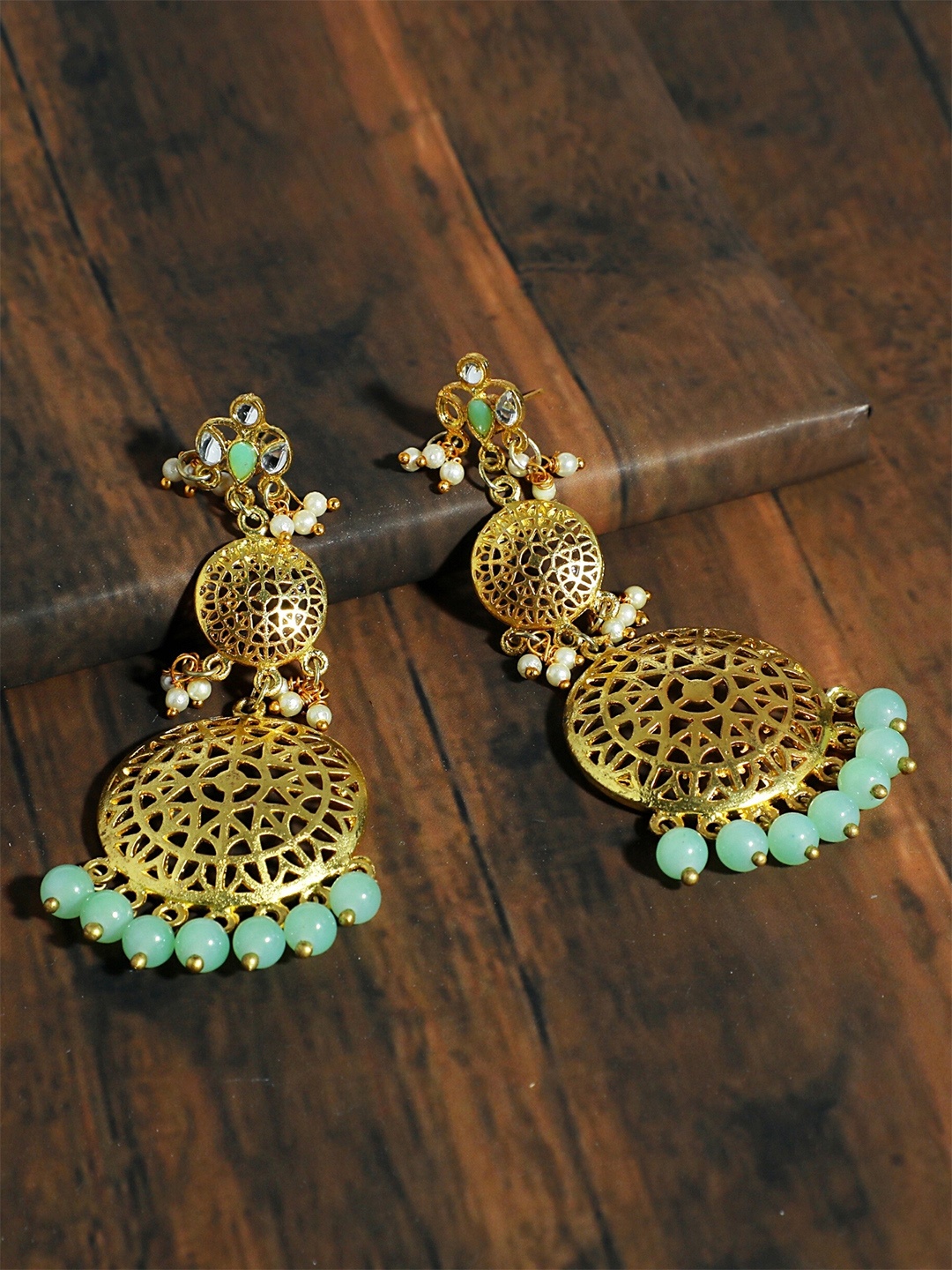 

KARATCART Sea Green & Gold-Toned Geometric Jhumkas
