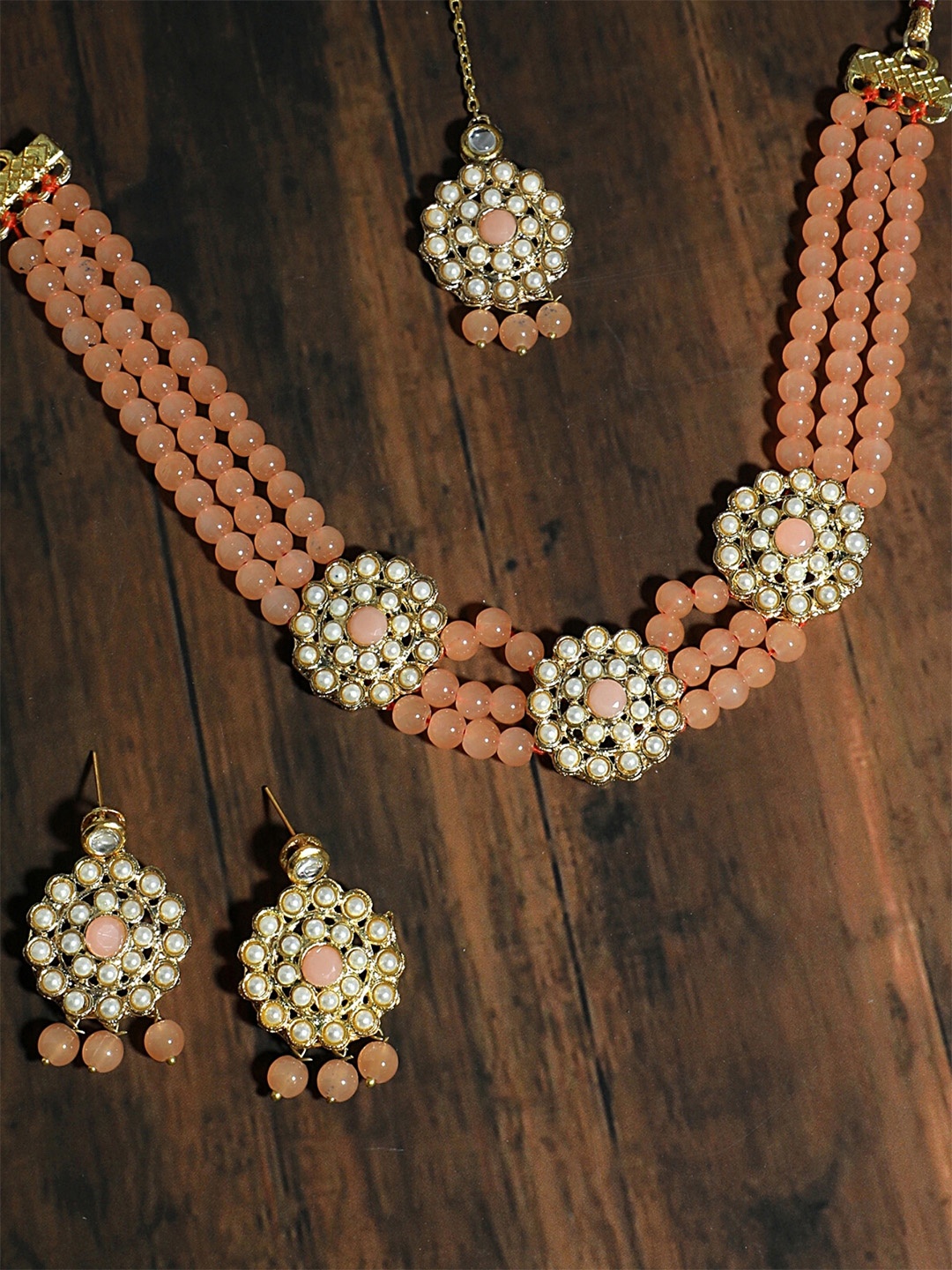 

KARATCART Gold-Plated Peach-Colour & White Stone-Studded Beaded Handcrafted Jewellery Set