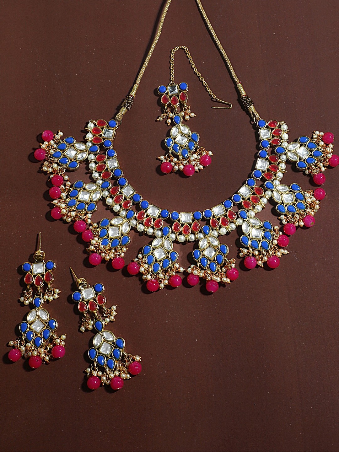 

KARATCART Gold-Plated Blue & Pink Kundan & Stone-Studded Beaded Handcrafted Jewellery Set