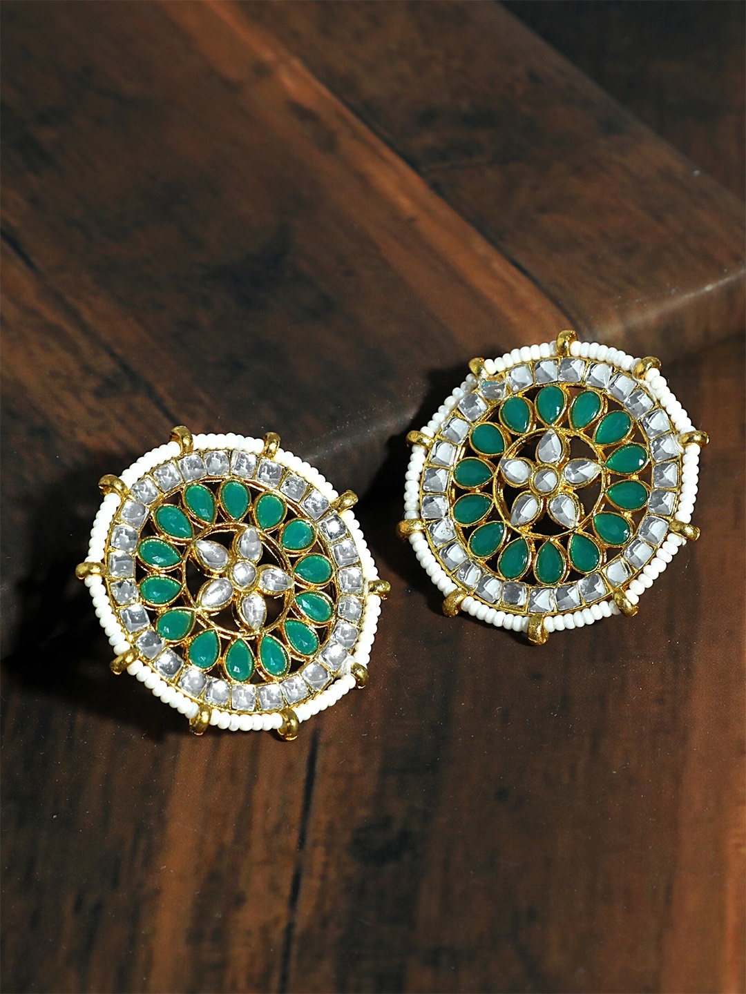 

KARATCART Gold-Plated Green & White Kundan Circular Drop Earrings