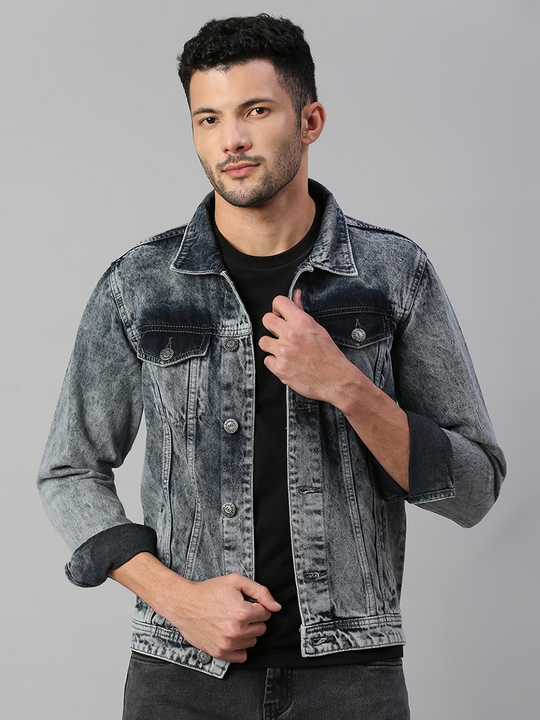 

High Star Men Grey Solid Denim Jacket