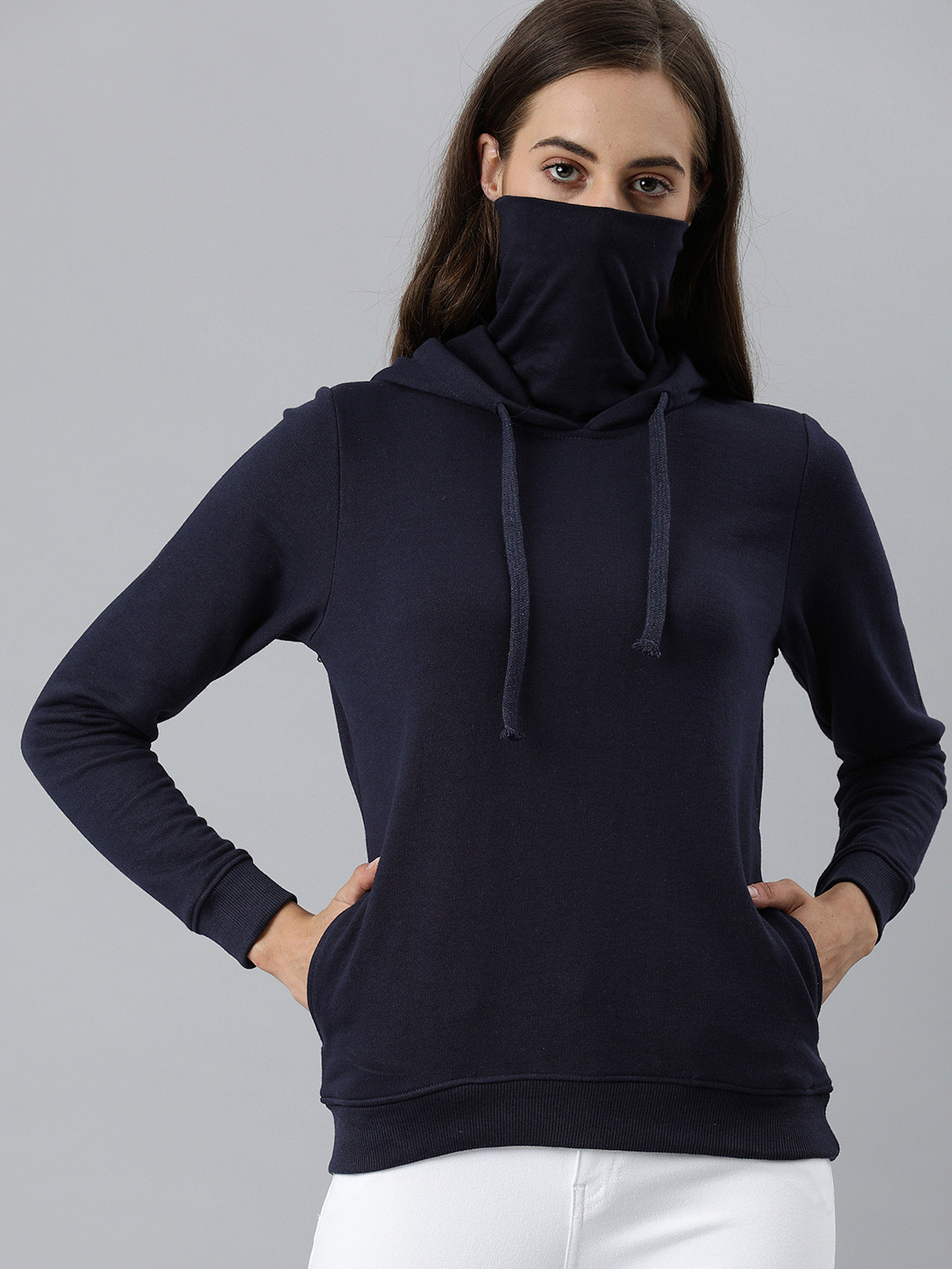 

Roadster Women Navy Blue Solid Hooded Sweatshirt With Extended Mask Detail