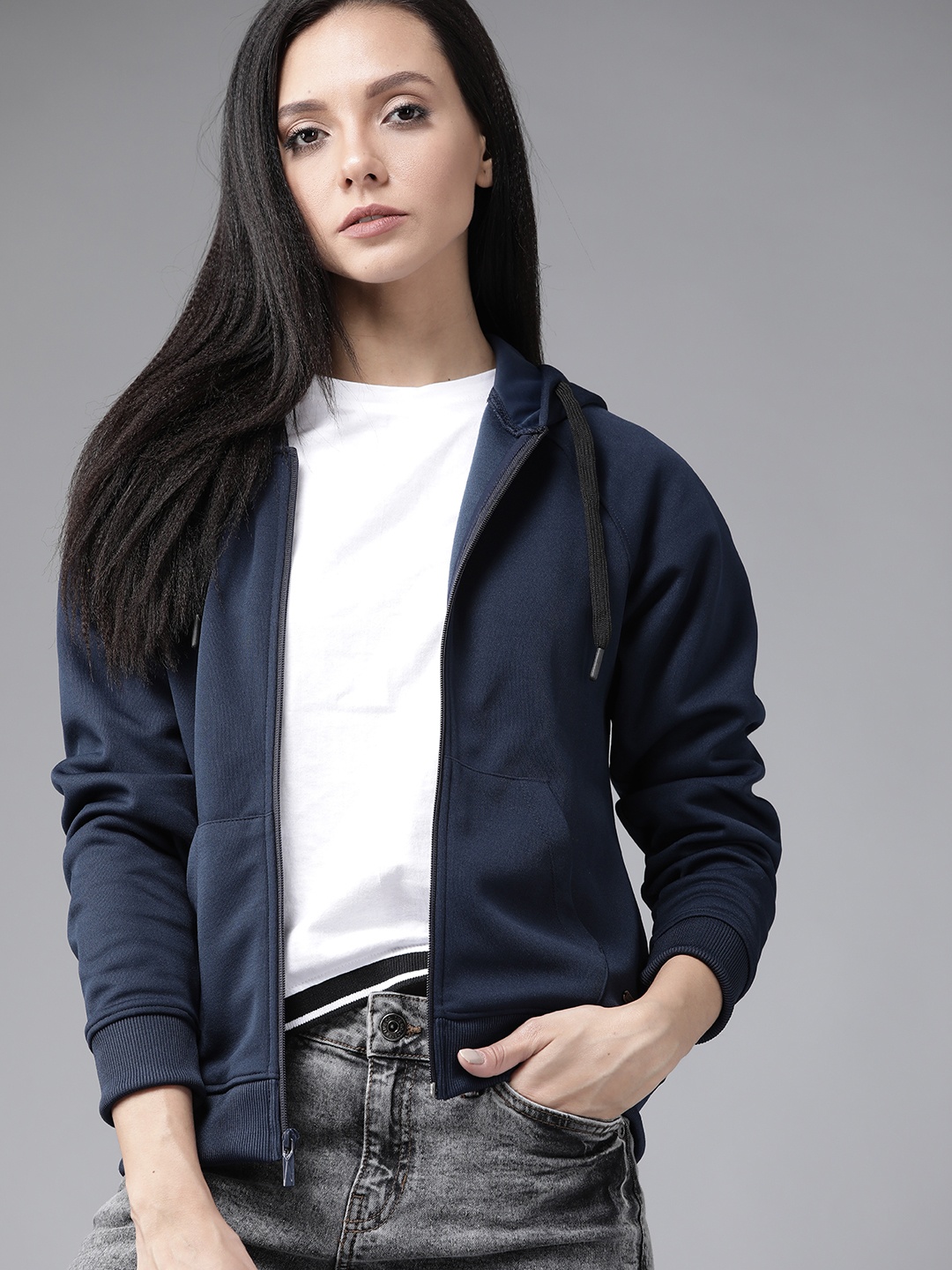 

Roadster Women Navy Blue Solid Convertible Hooded Sweatshirt