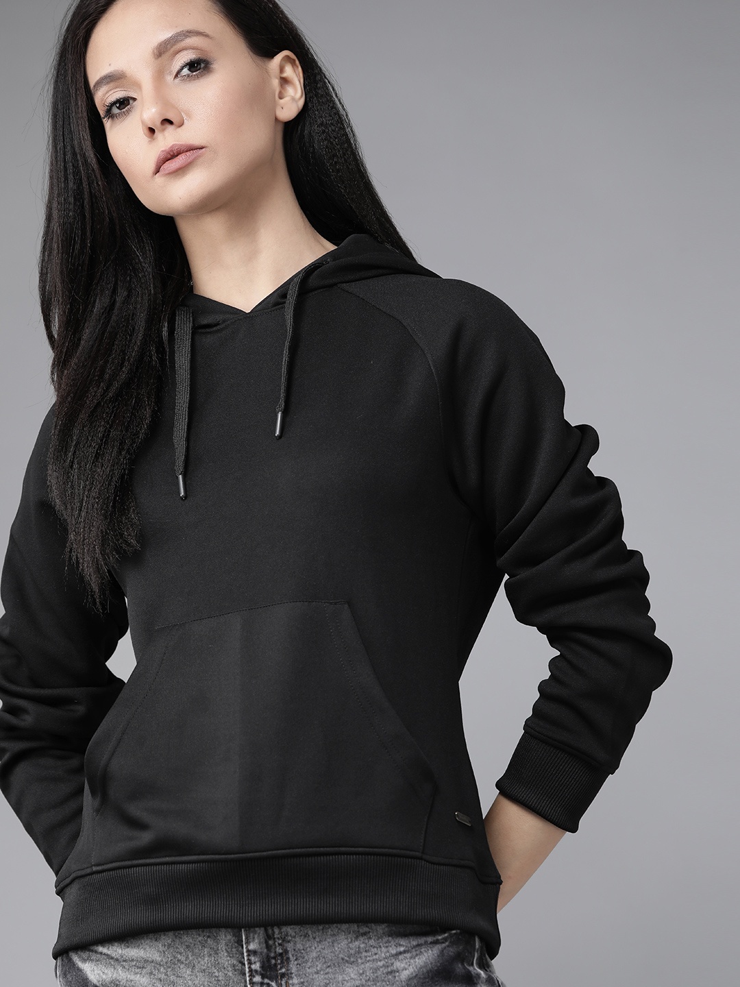 

Roadster Women Black Solid Hooded Sweatshirt Convertible Into a Bag