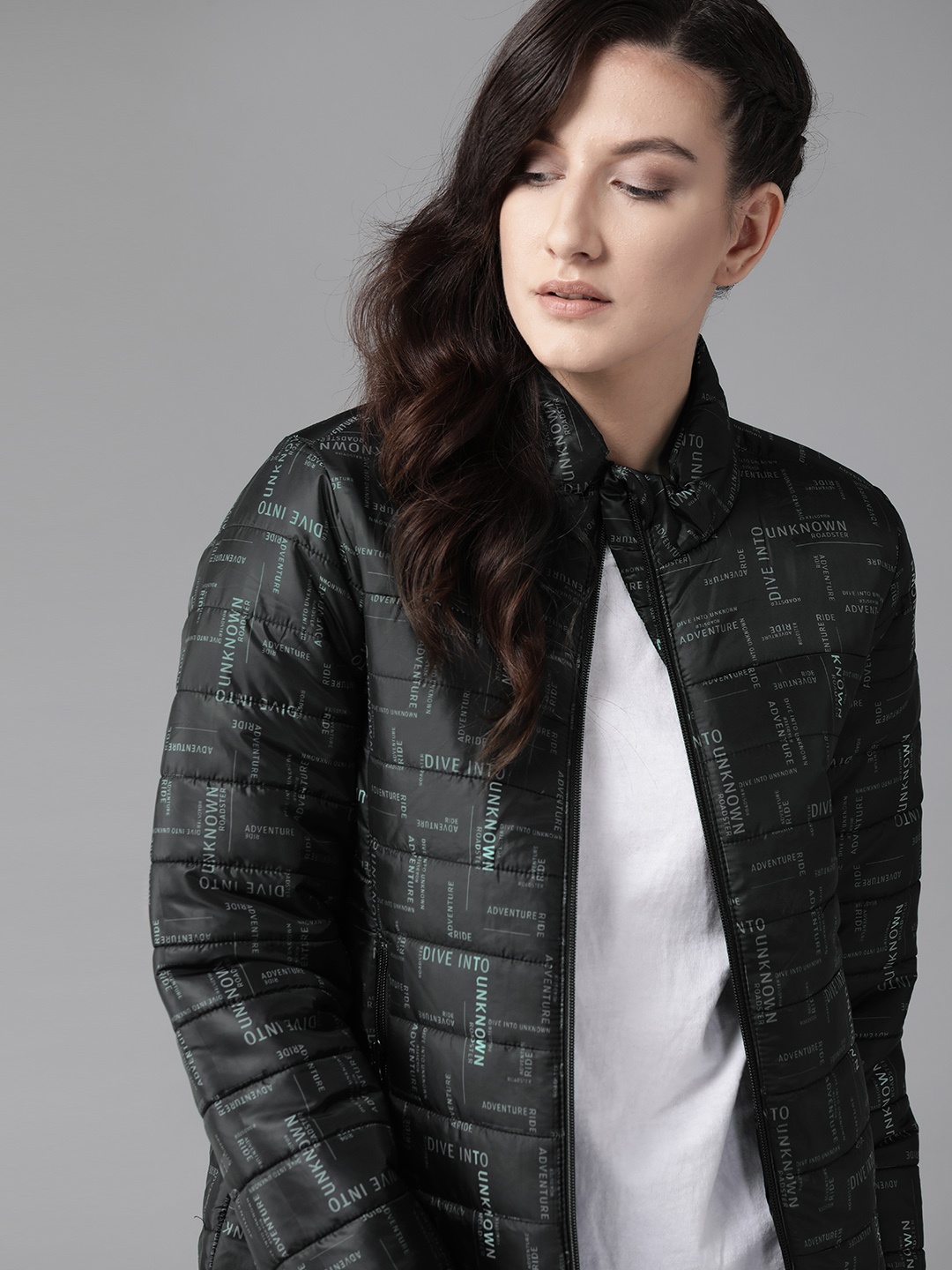 

Roadster Women Black Printed Padded Jacket