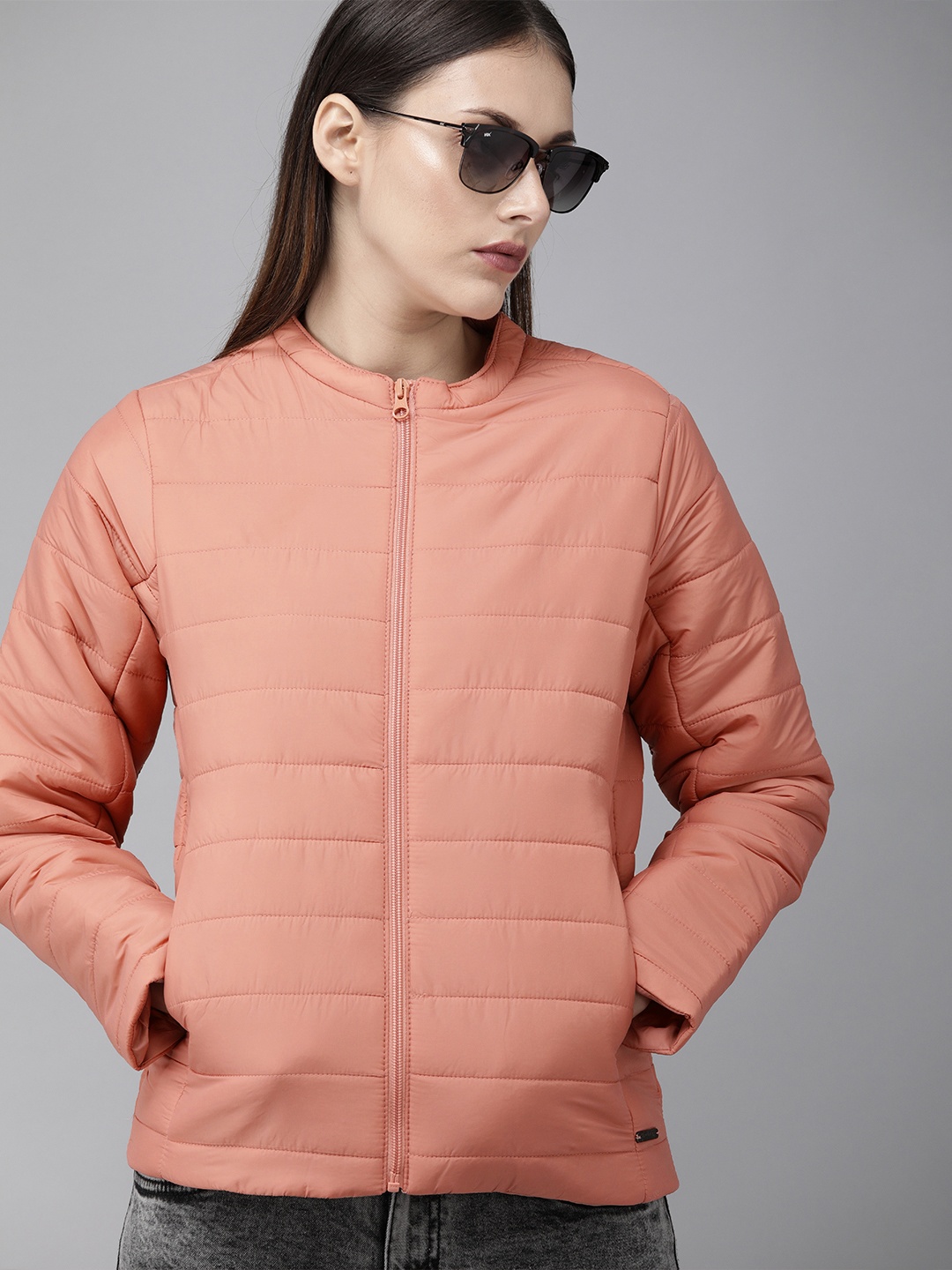 

Roadster Women Peach-Coloured Solid Padded Jacket