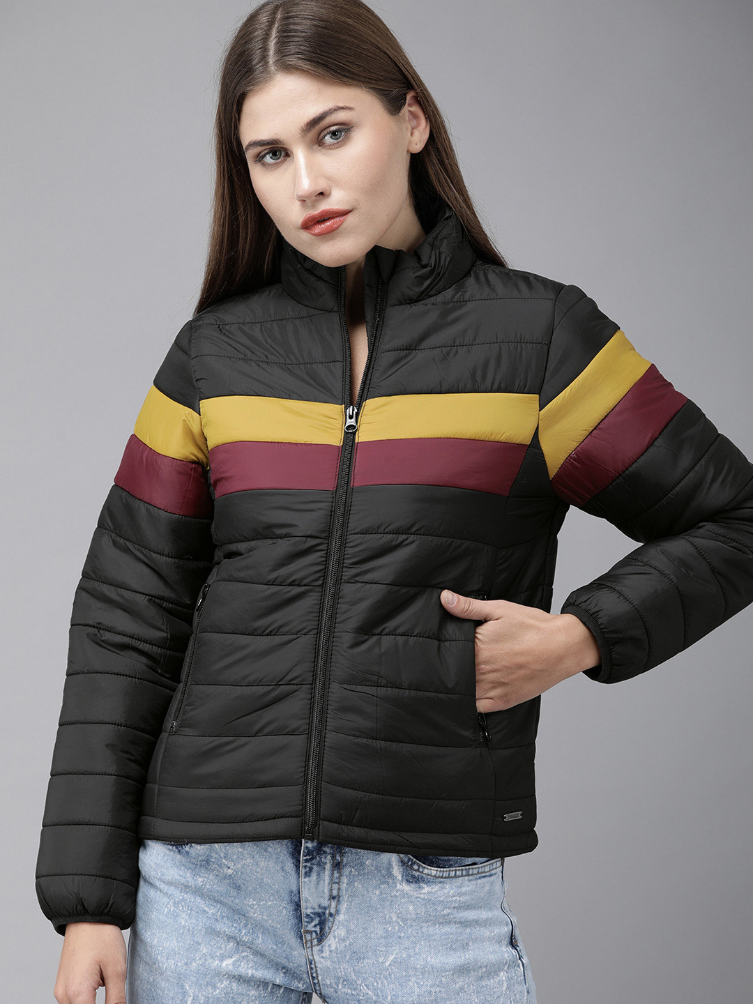 

Roadster Women Black & Maroon Striped Padded Jacket