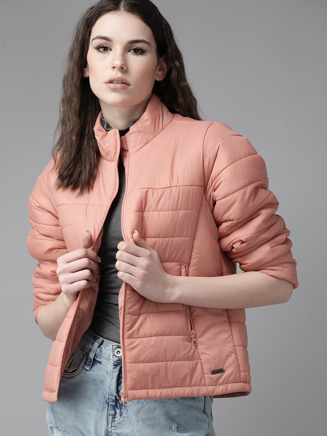 

Roadster Women Peach-Coloured Solid Padded Jacket