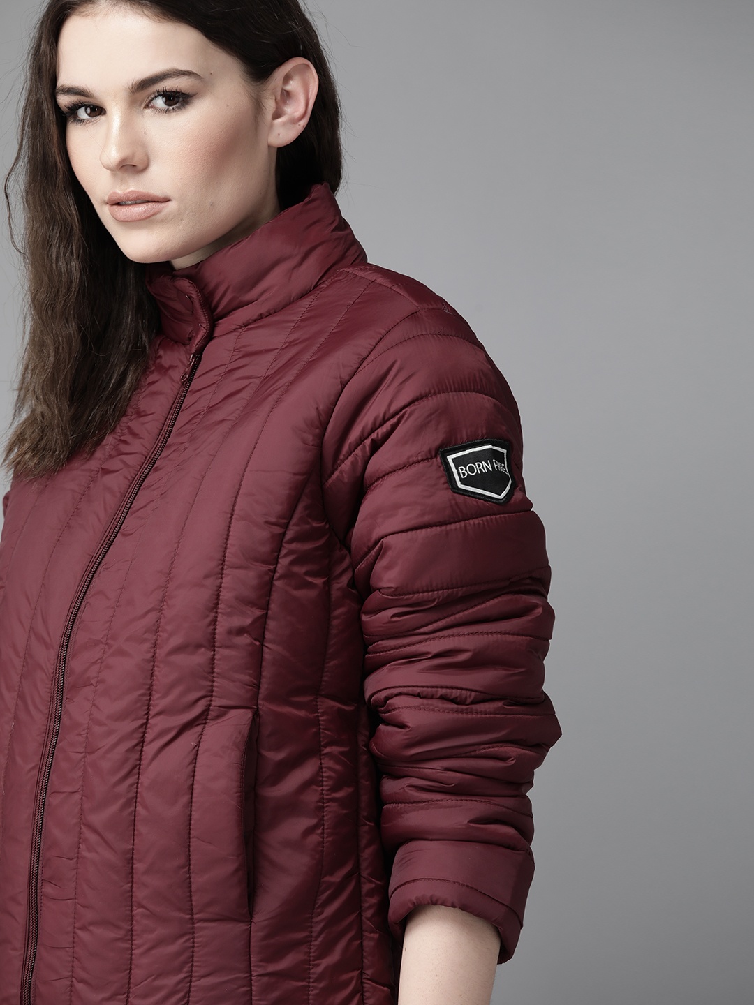

Roadster Women Burgundy Solid Puffer Jacket with Applique Detail