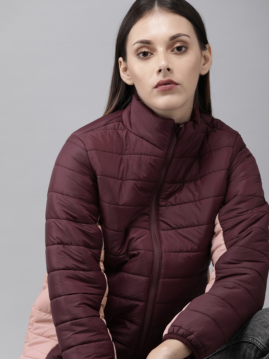 

Roadster Women Maroon& Peach Colourblocked Padded Jacket