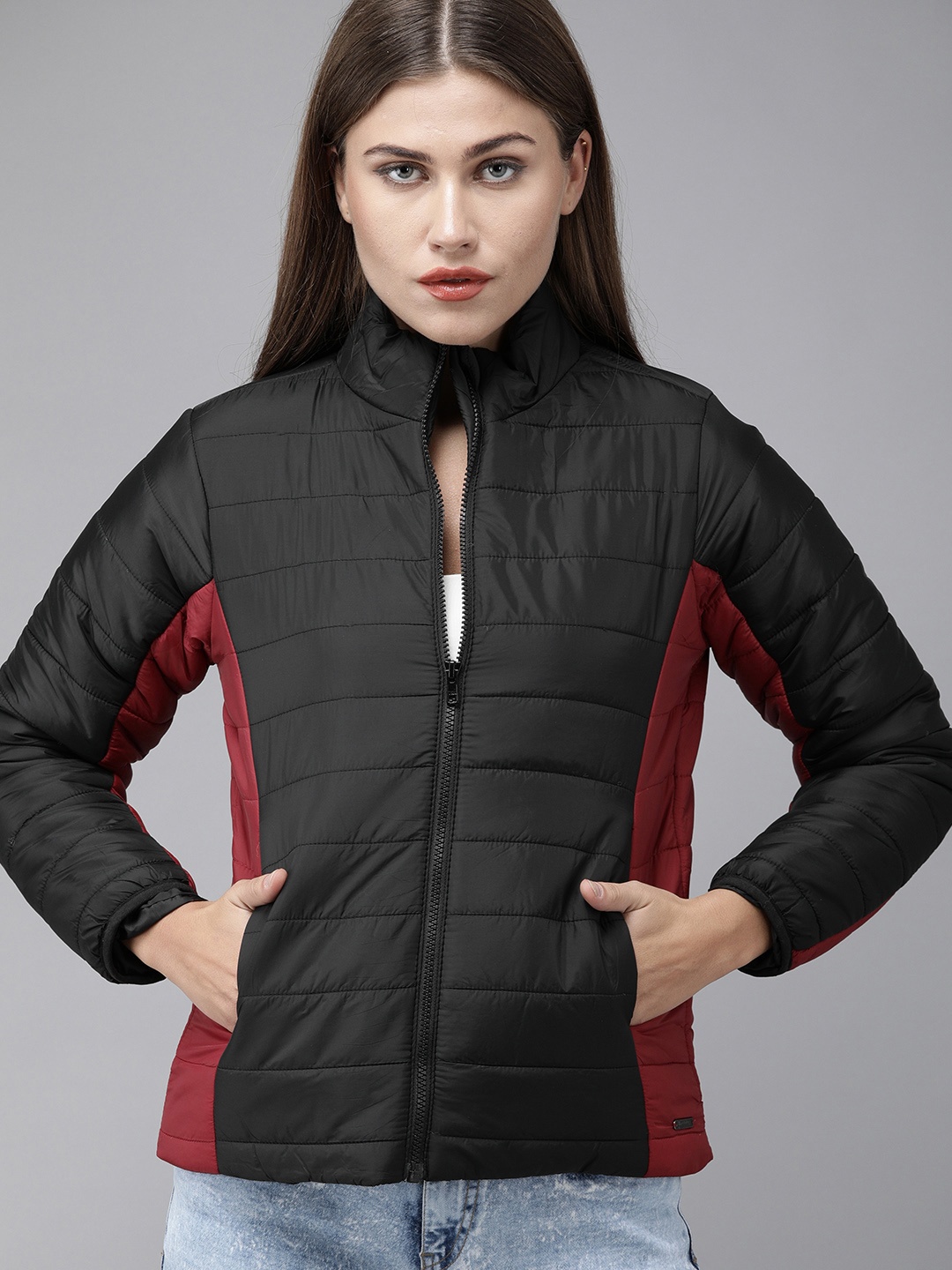 

Roadster Women Black & Red Colourblocked Padded Jacket