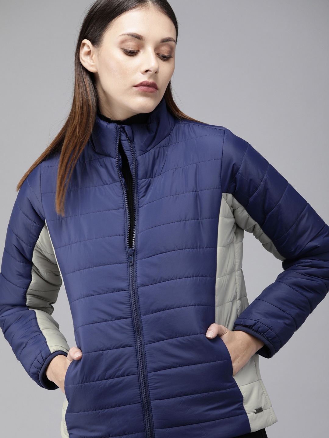 

Roadster Women Navy Blue & Grey Colourblocked Padded Jacket