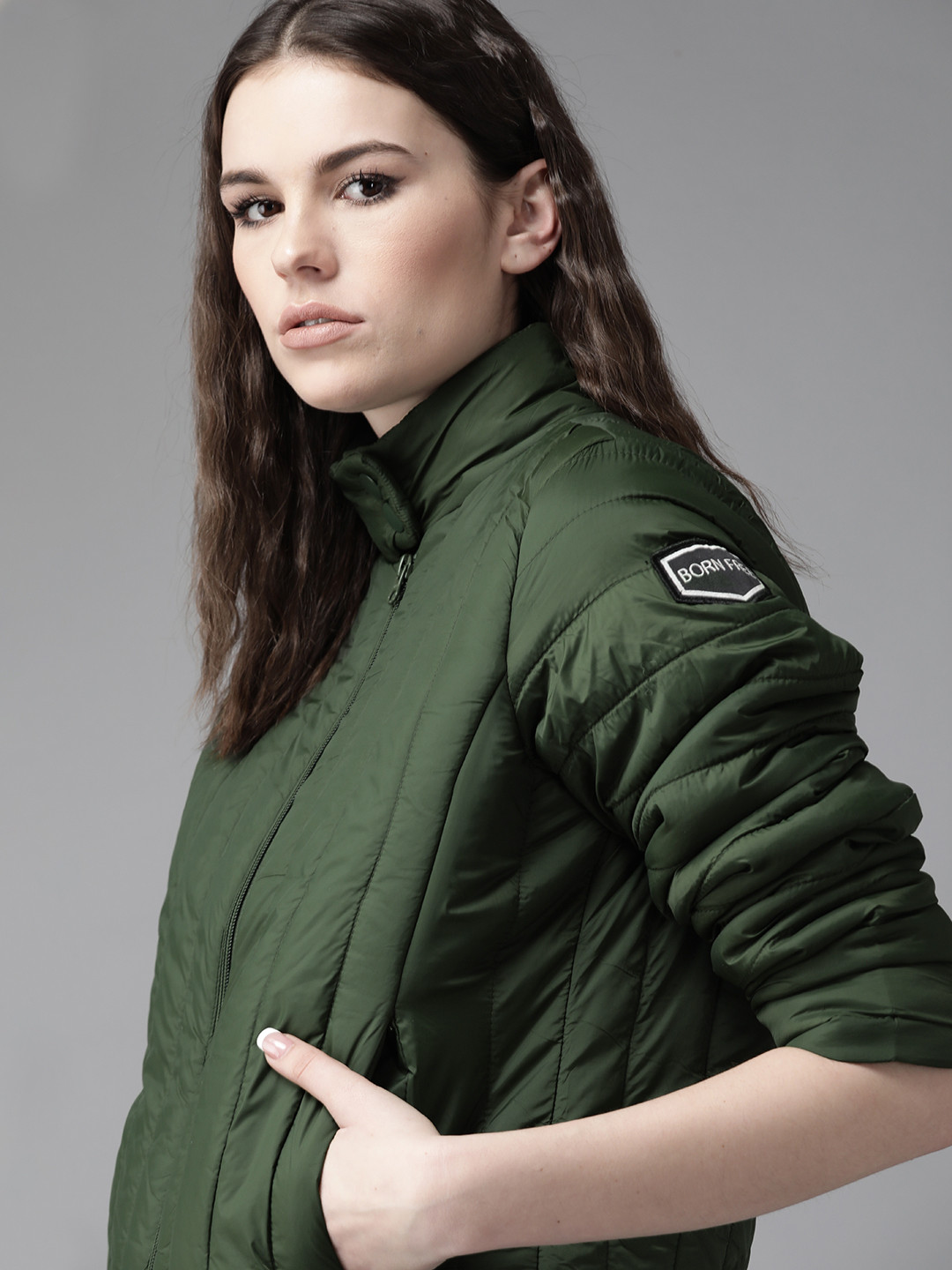 

Roadster Women Olive Green Solid Padded Jacket