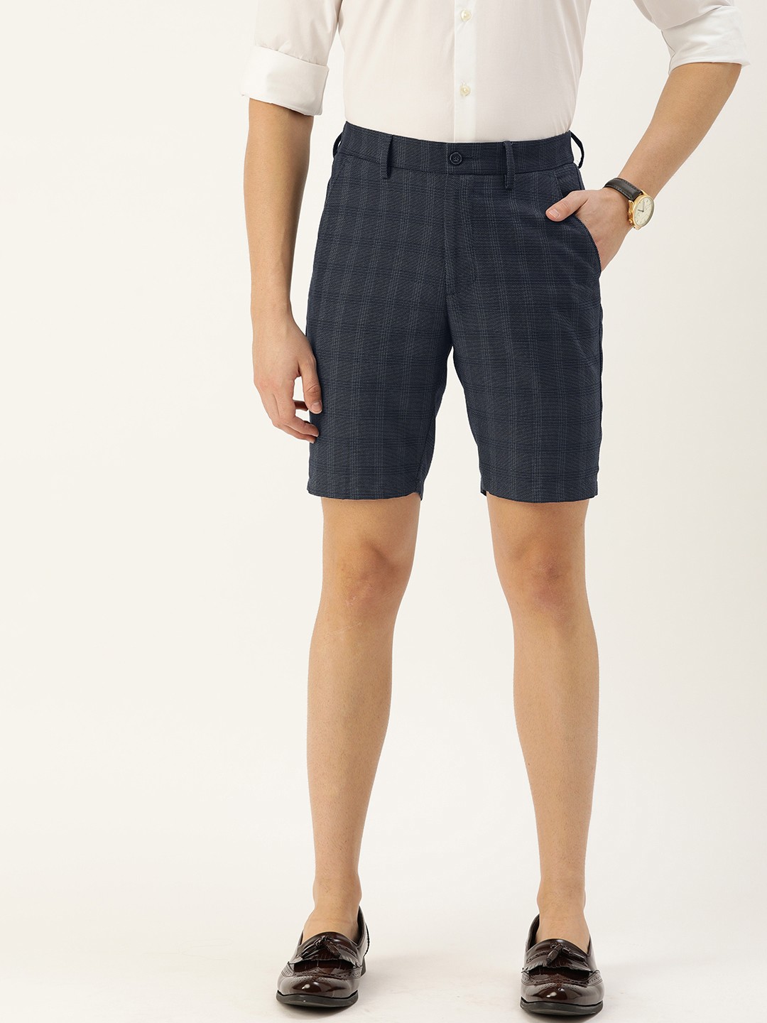 

Peter England Men Navy Blue Self Design Slim Fit Regular Shorts