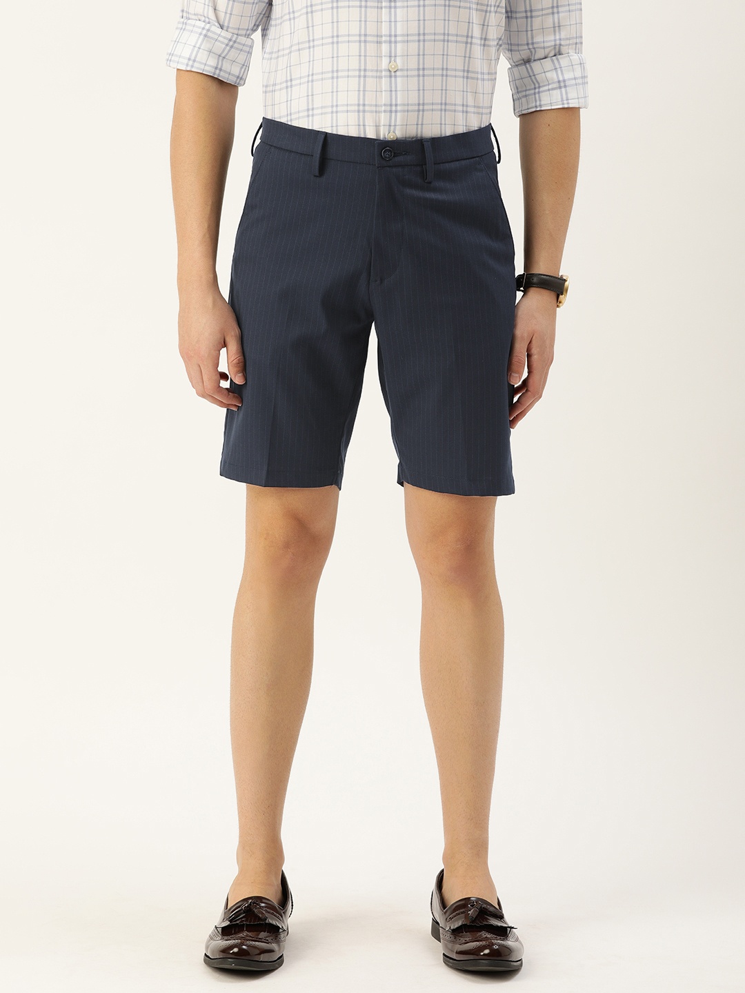

Peter England Men Navy Blue Striped Slim Fit Regular Shorts