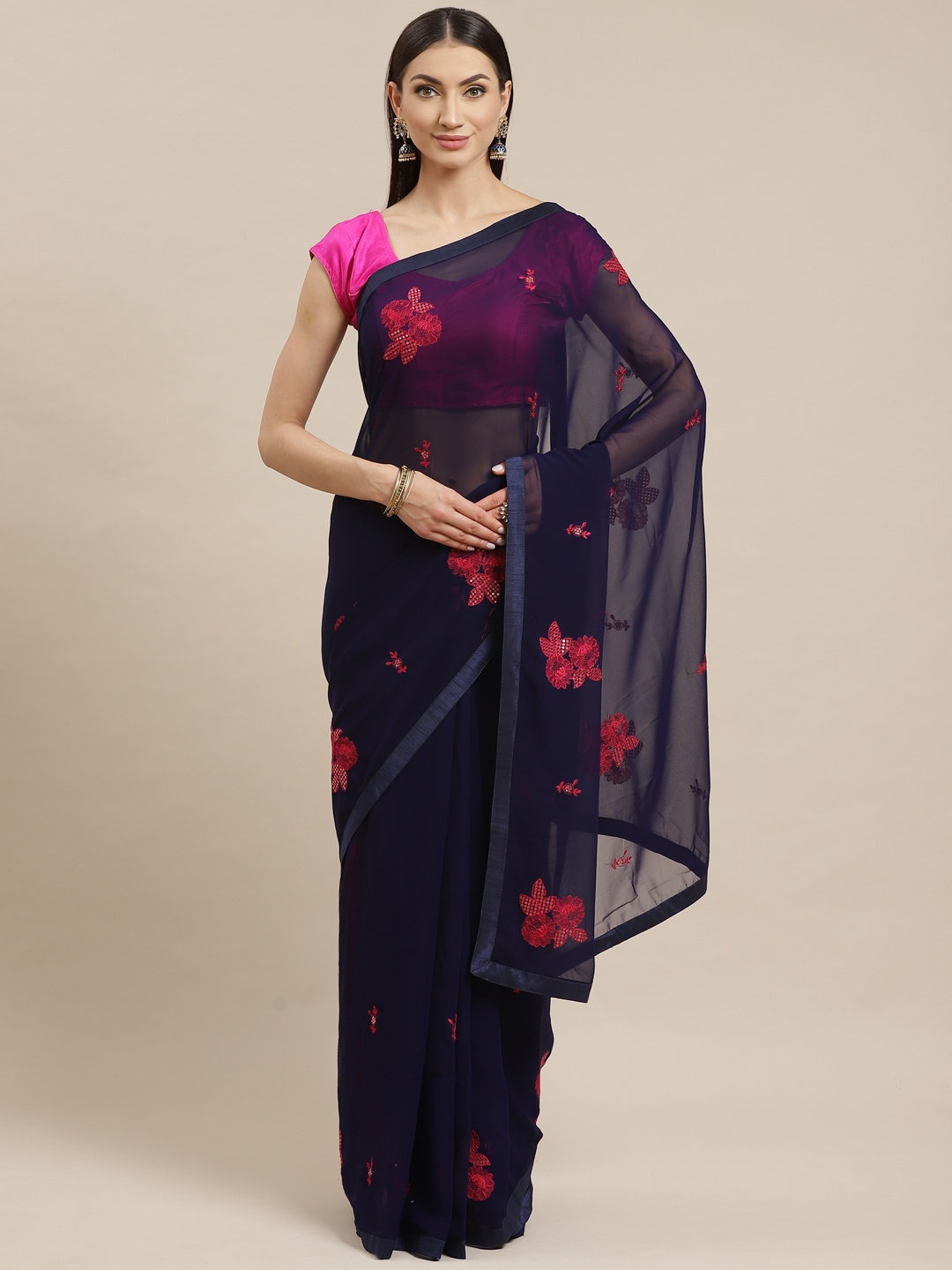 

Mitera Navy Blue & Red Embroidered Saree