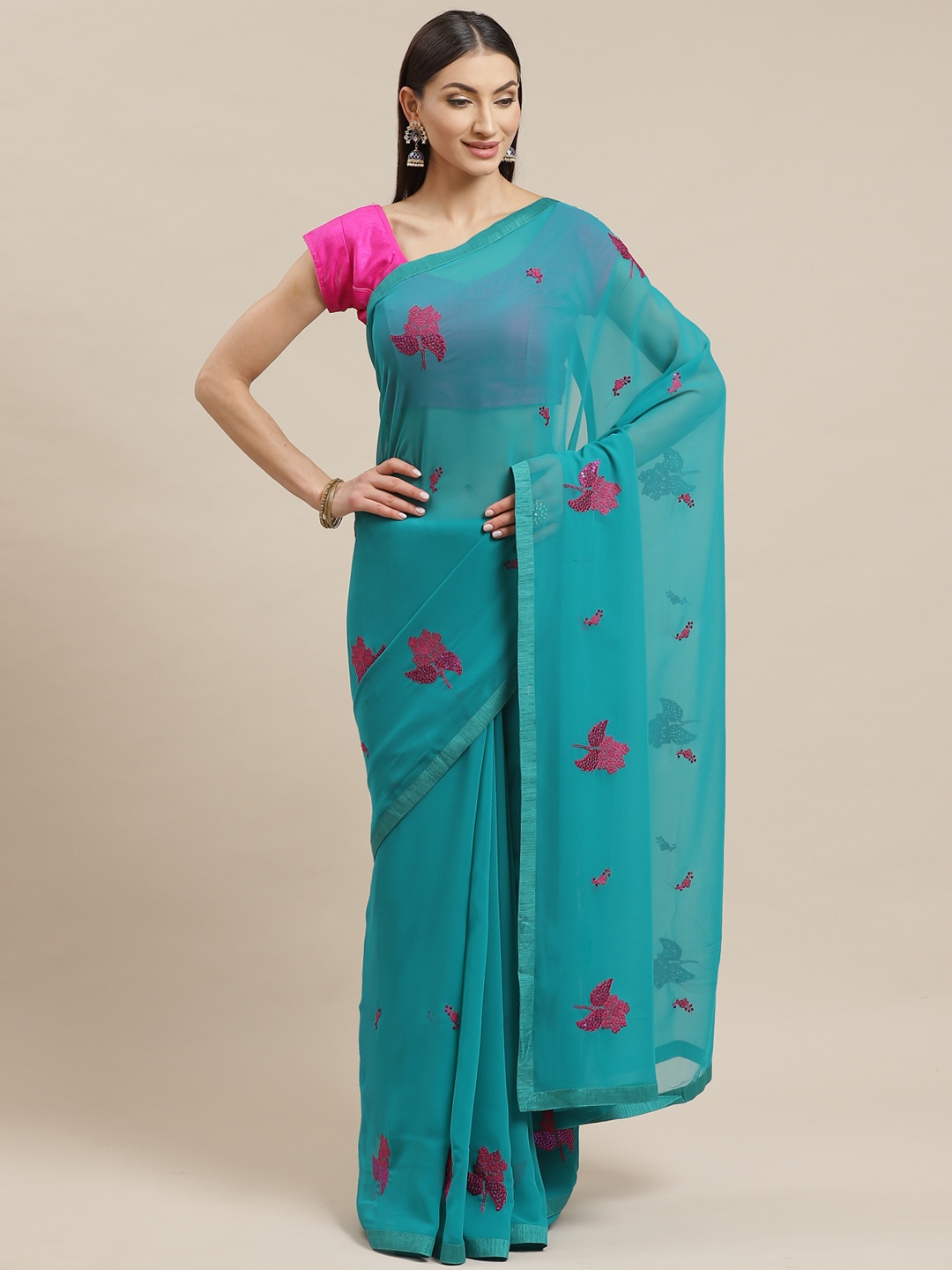 

Mitera Blue & Pink Embroidered Saree