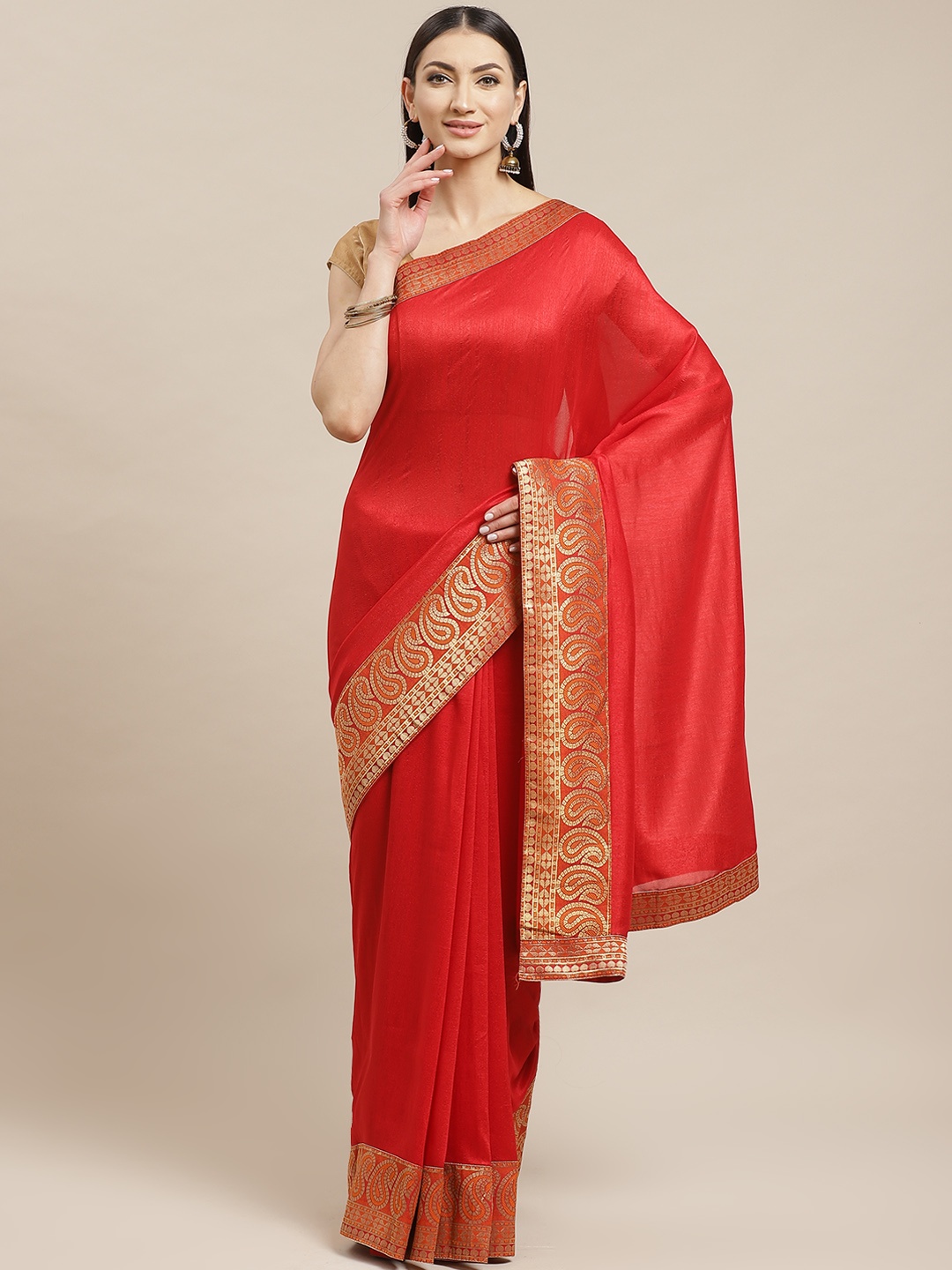 

Mitera Red Solid Saree