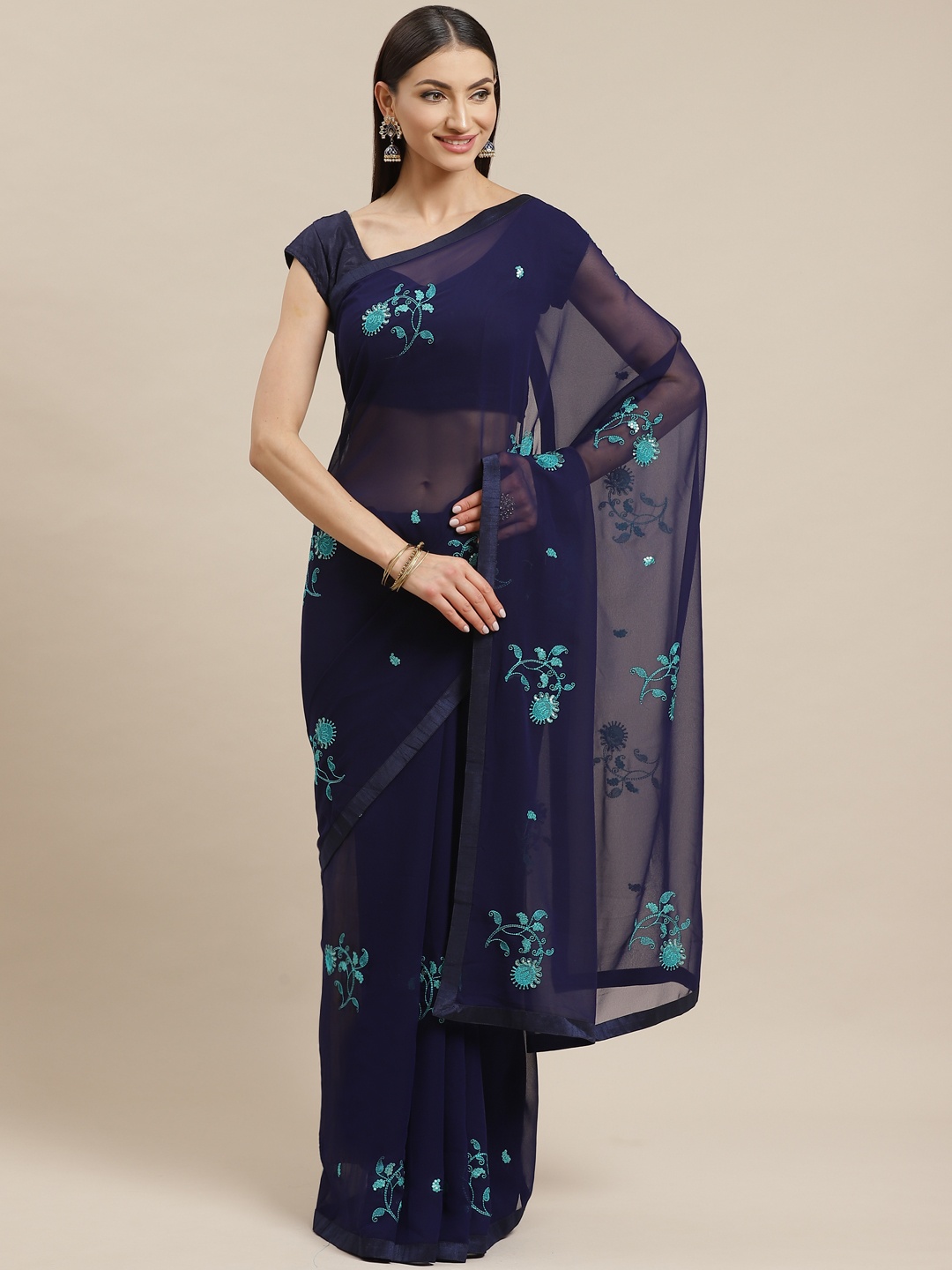 

Mitera Navy Blue Floral Embroidered Saree