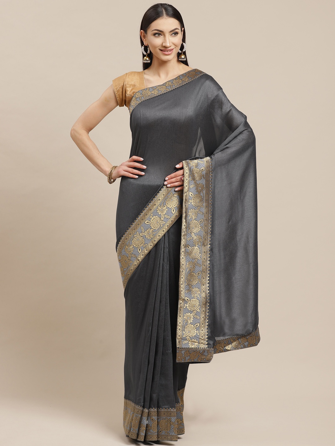 

Mitera Charcoal Grey Solid Saree