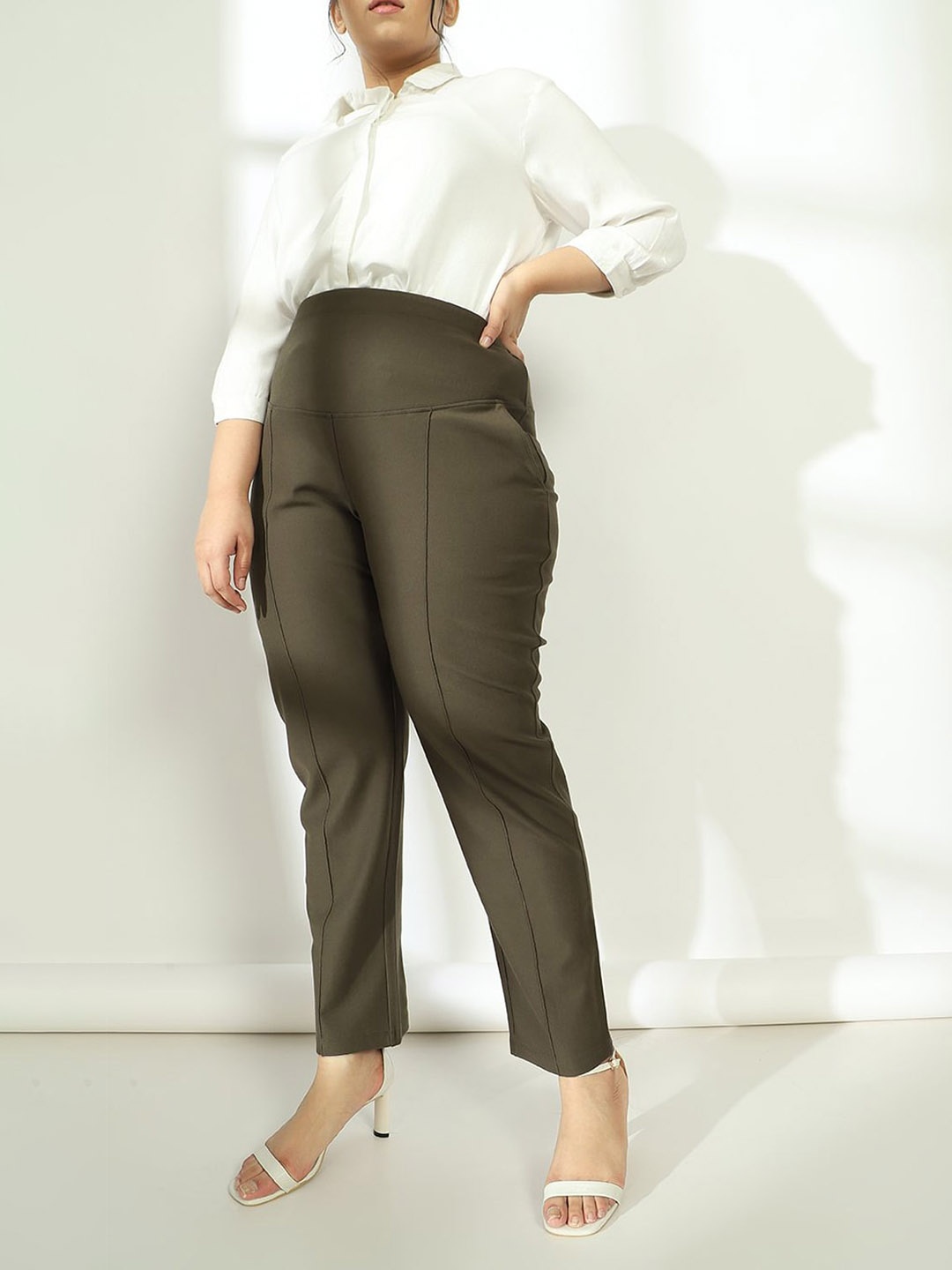 

Amydus Women Plus Size Olive Green Regular Fit Solid Regular Trousers