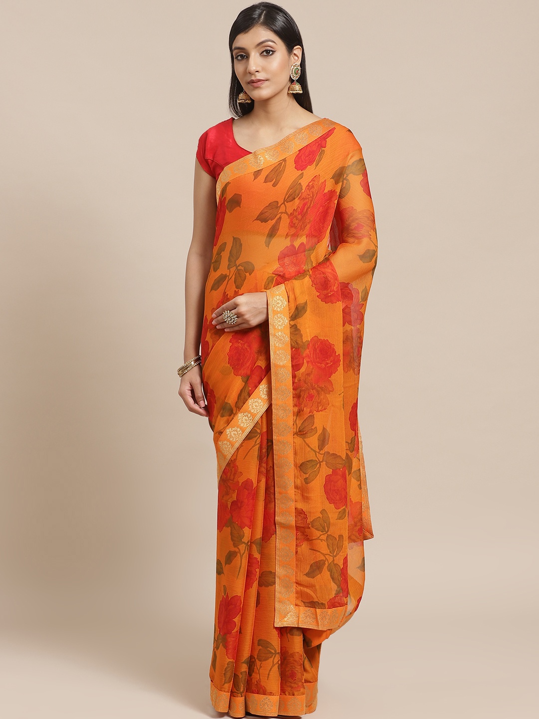 

Shaily Orange & Rust Red Floral Print Saree