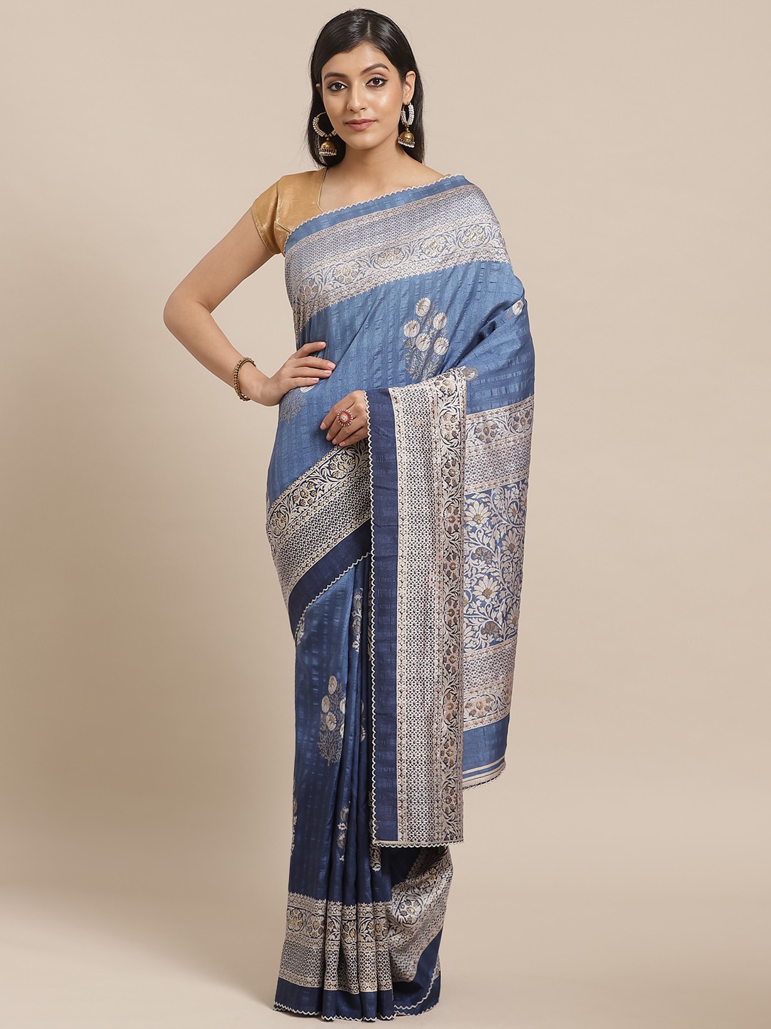 

Shaily Navy Blue & Silver Floral Printed Saree