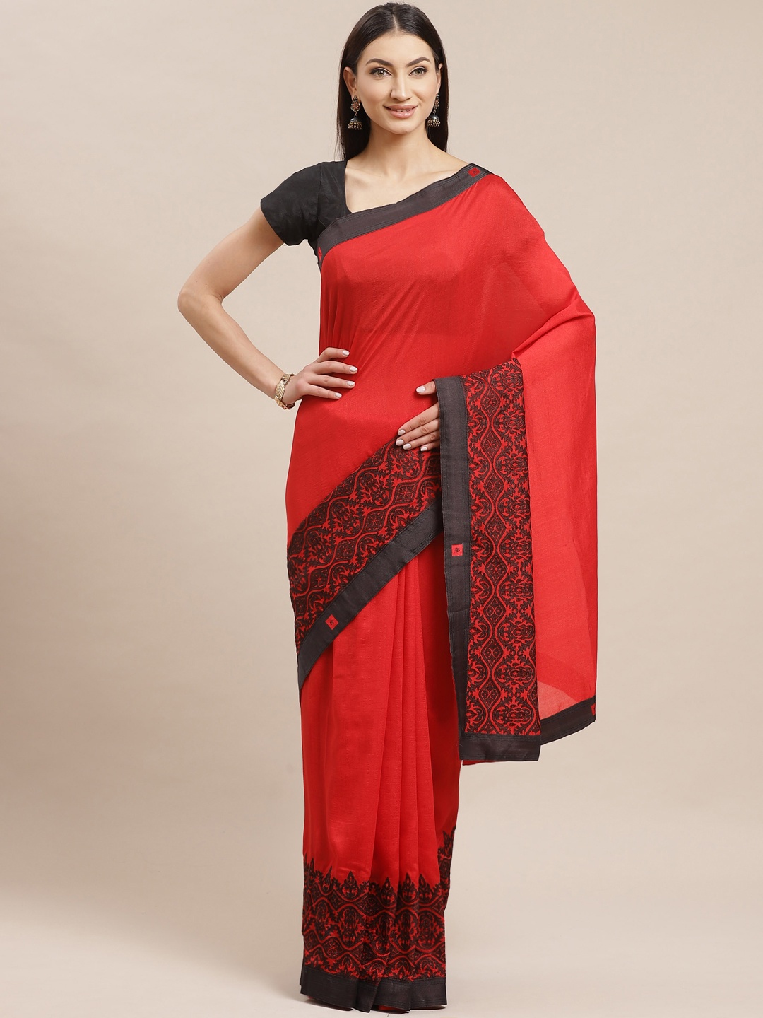 

Shaily Red & Black Solid Saree