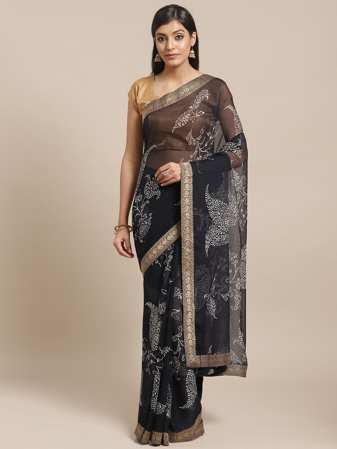 

Shaily Navy Blue & White Printed Saree