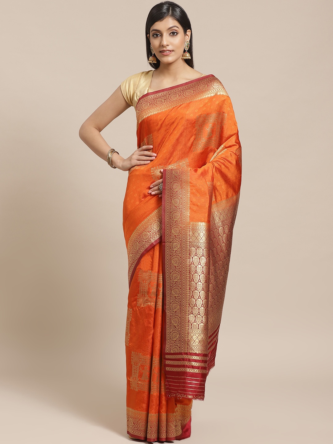 

Shaily Orange & Maroon Zari Woven Design Saree