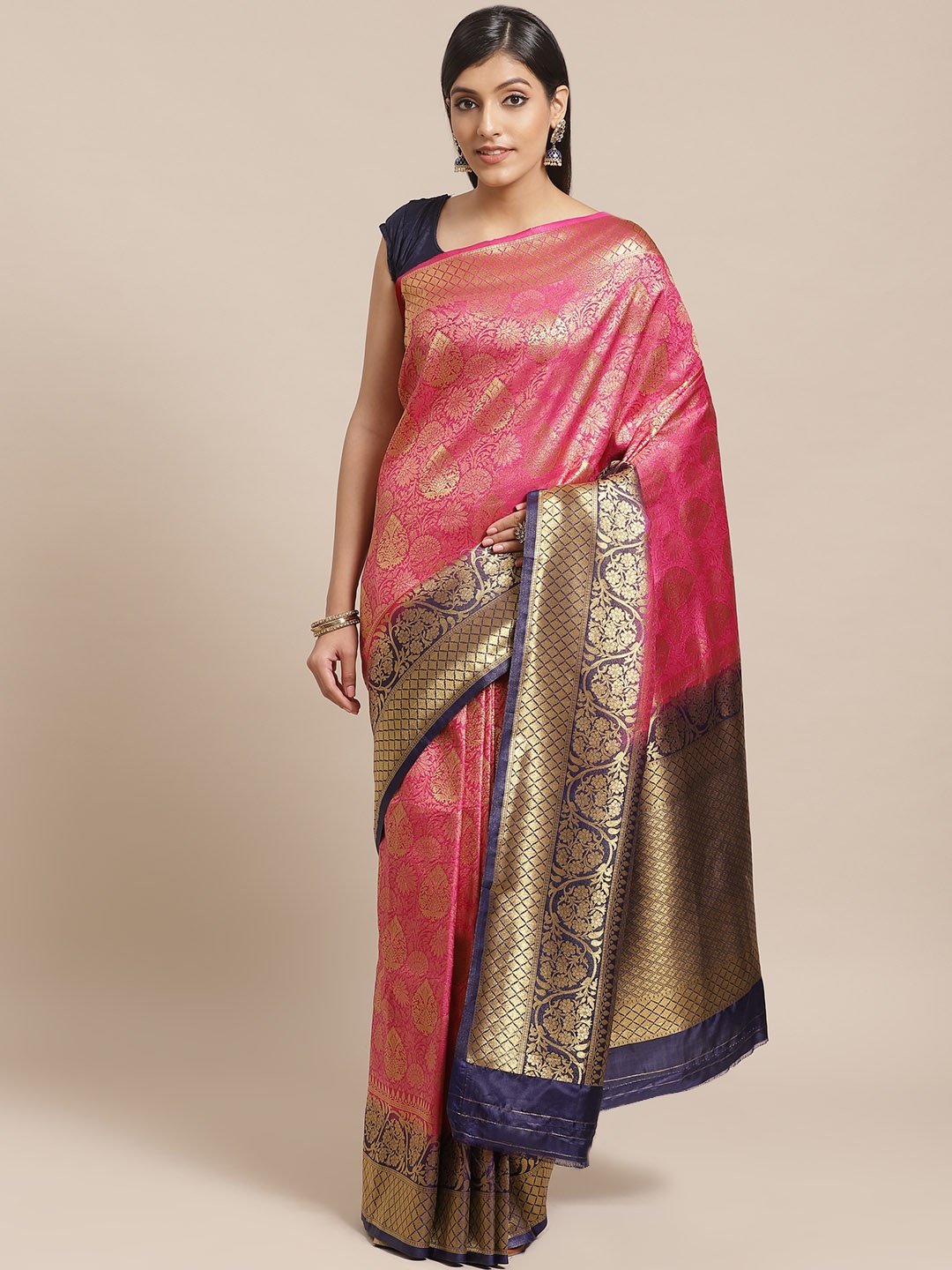 

Shaily Pink & Navy Blue Zari Work Woven Design Saree