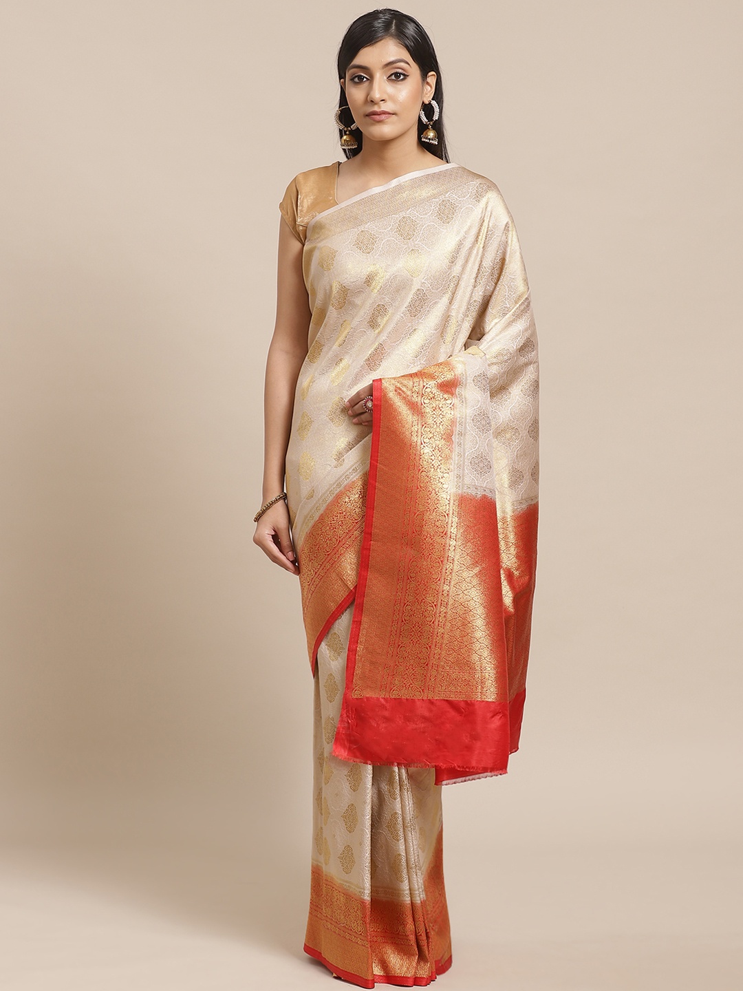 

Shaily Beige & Red Zari Work Woven Design Saree