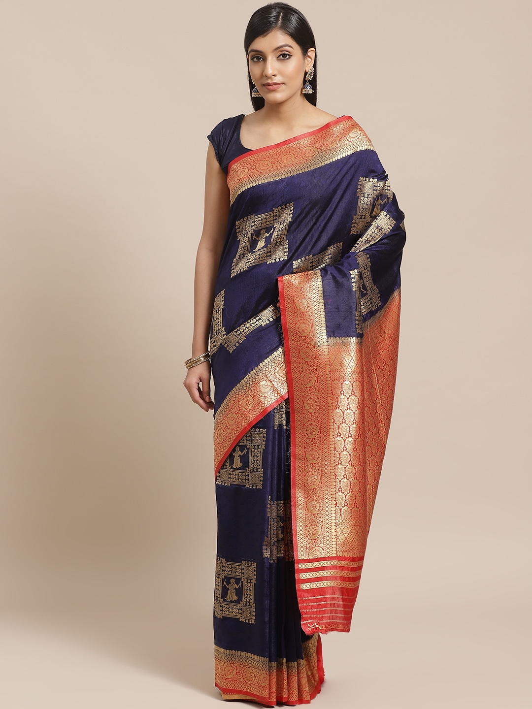 

Shaily Navy Blue & Golden Zari Work Woven Design Saree