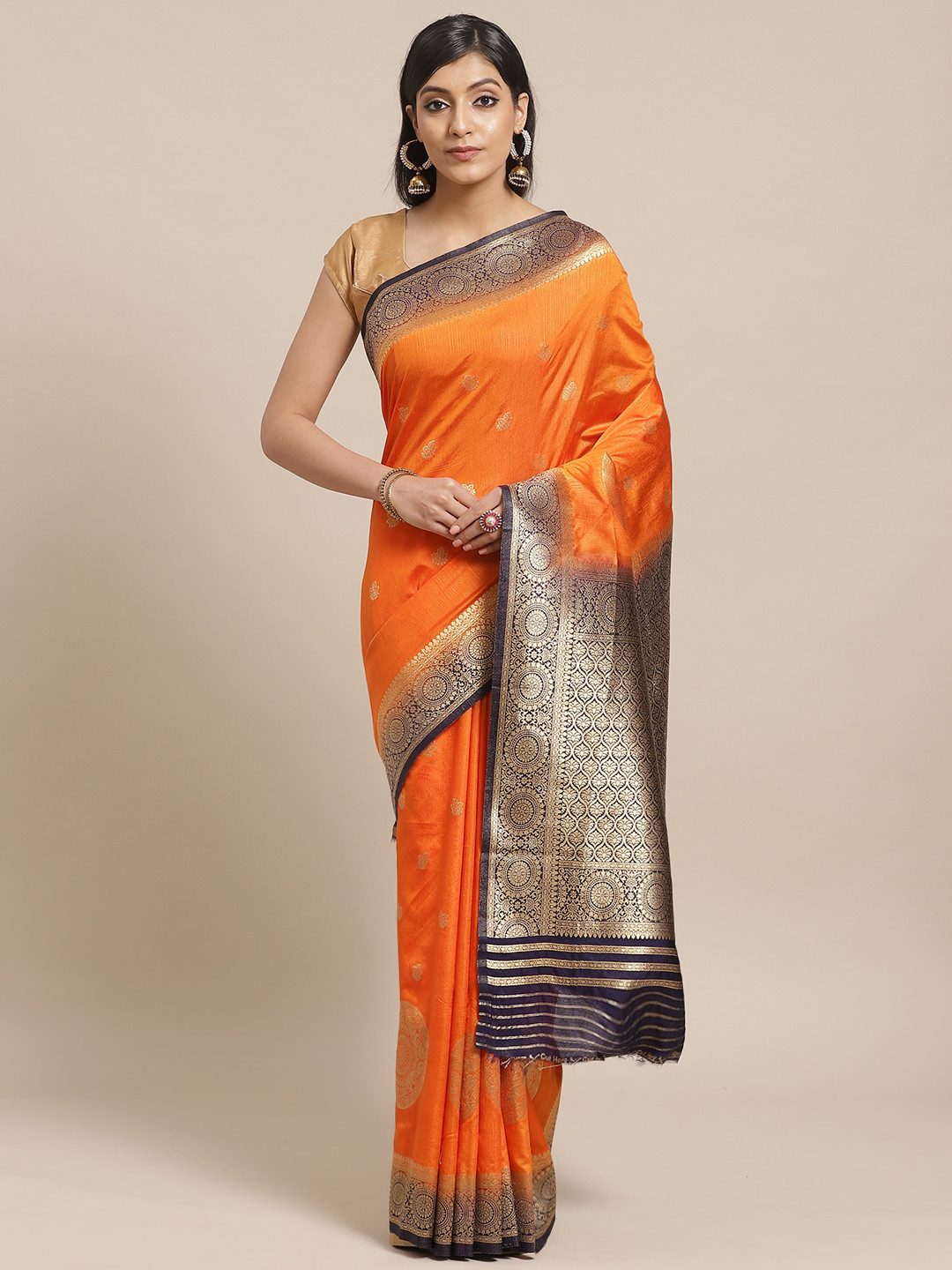 

Shaily Orange & Navy Blue Zari Work Woven Design Saree