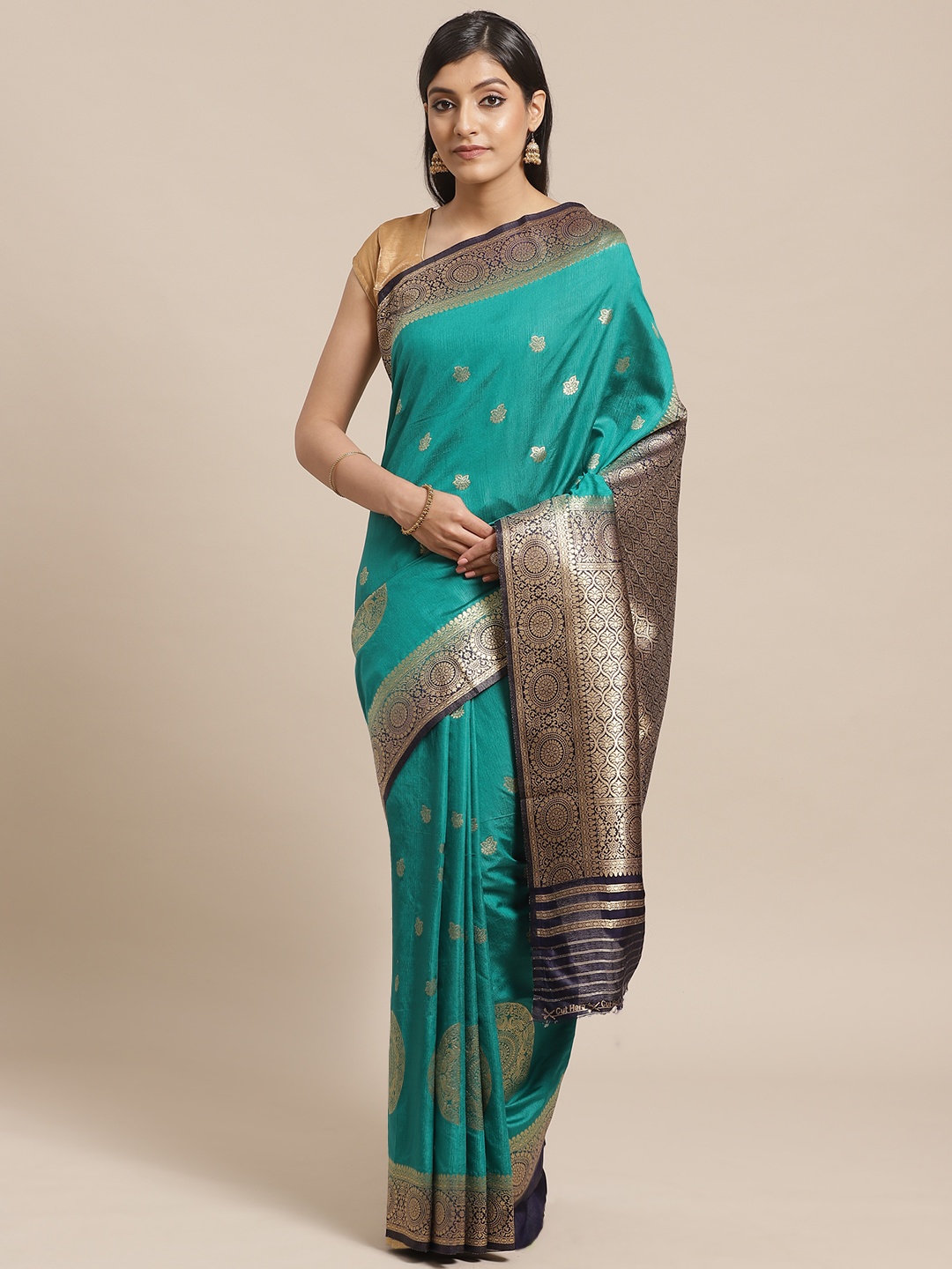 

Shaily Green & Navy Blue Zari Work Woven Design Saree