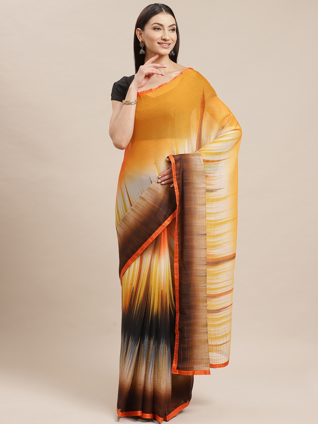 

Shaily Women Mustard & Brown Poly Georgette Printed Saree