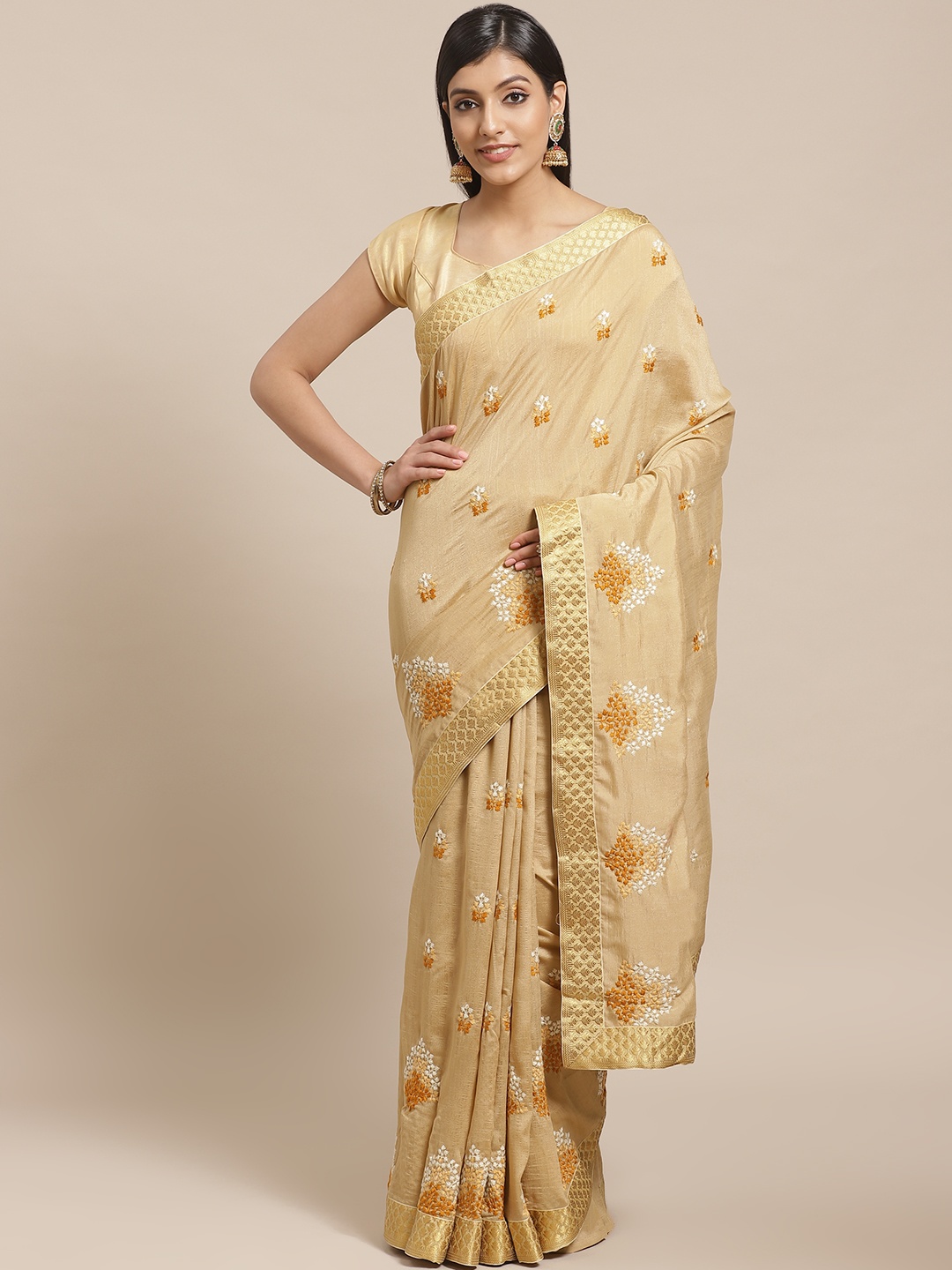 

Shaily Women Beige & Golden Embroidered Saree