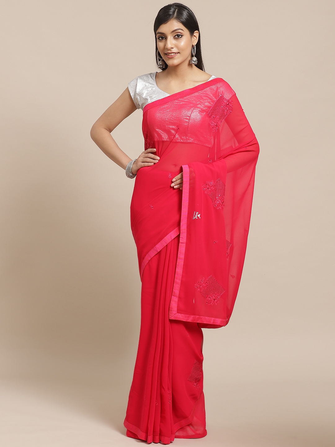 

Shaily Pink Embroidered Poly Georgette Saree