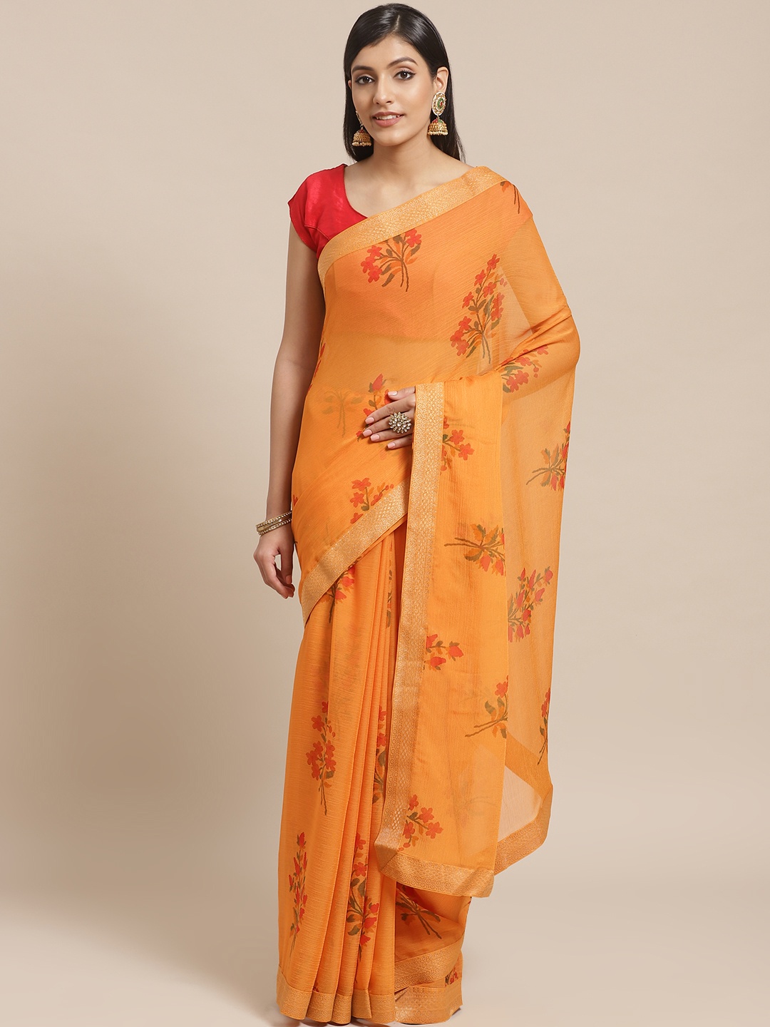 

Shaily Mustard & Orange Poly Georgette Floral Printed Saree