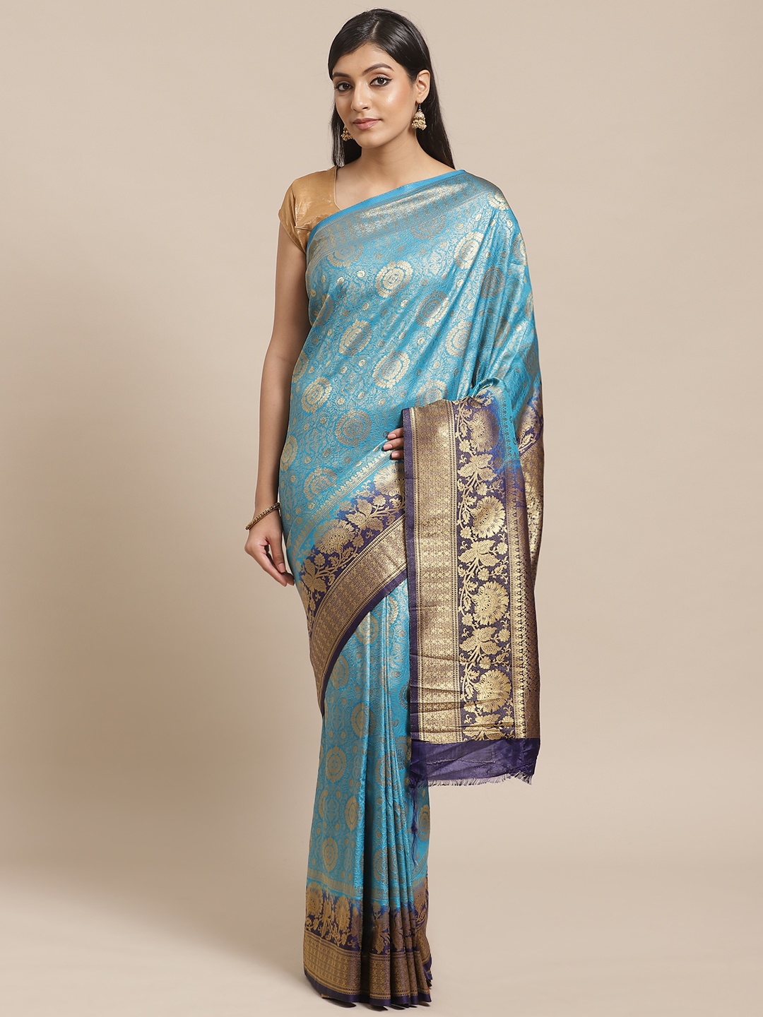 

Shaily Women Blue & Golden Zari Work Woven Design Saree