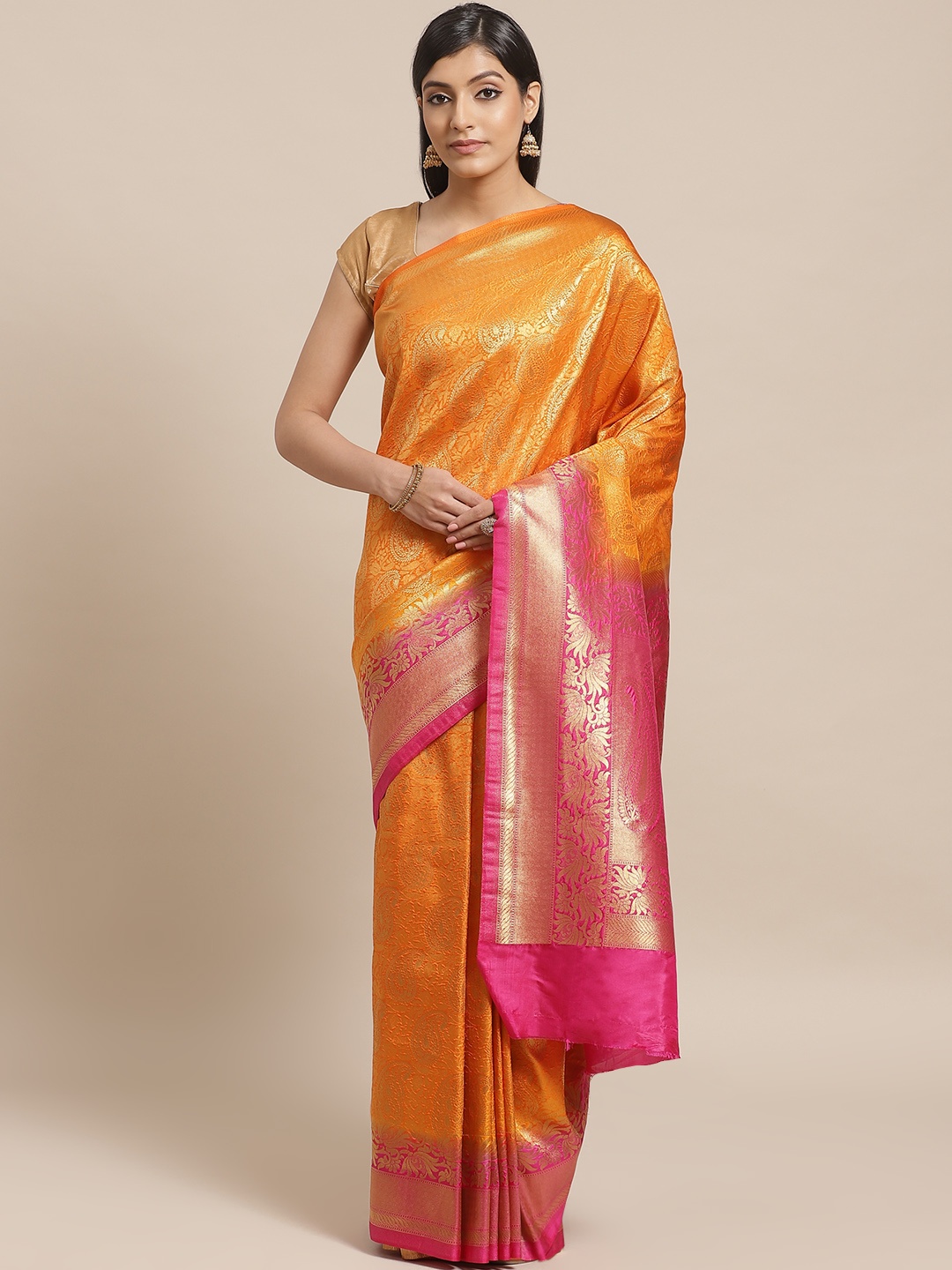 

Shaily Women Orange & Pink Zari Work Woven Design Saree