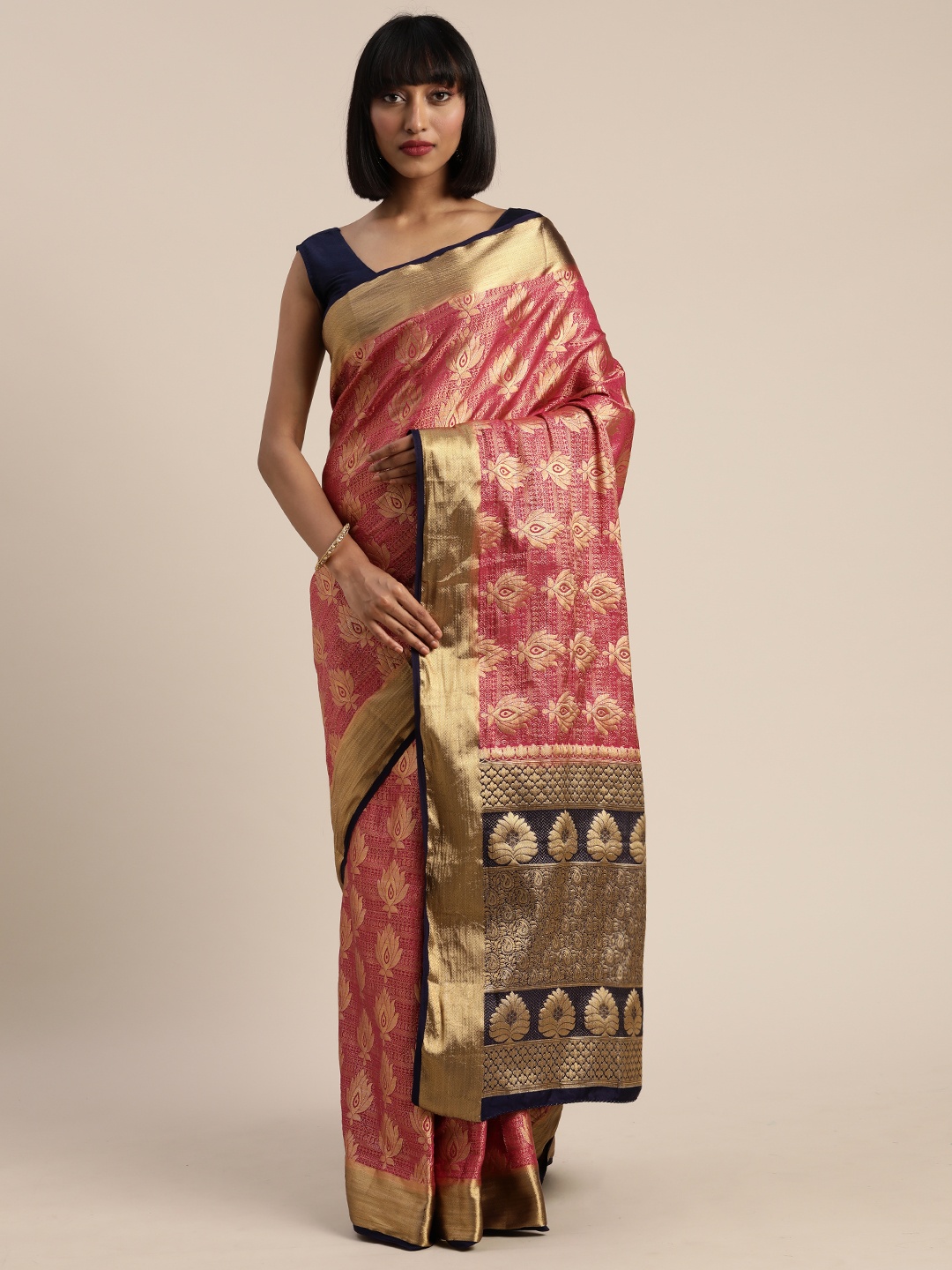 

MIMOSA Pink & Gold-Toned Art Silk Woven Design Kanjeevaram Saree