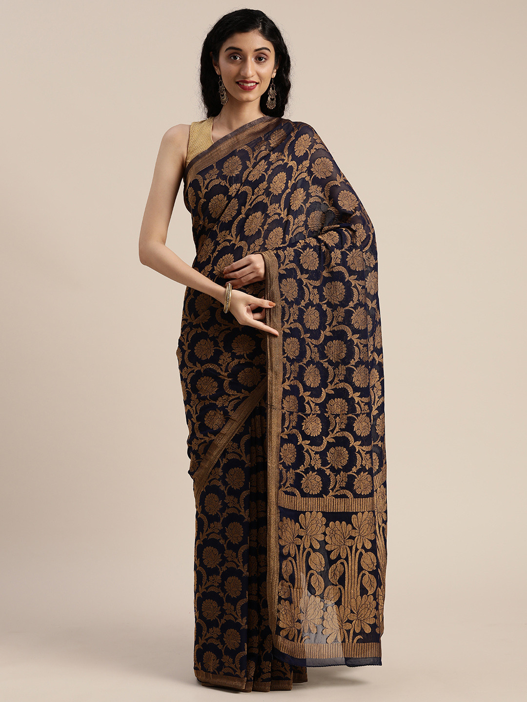 

MIMOSA Navy Blue & Bronze-Toned Poly Chiffon Woven Design Banarasi Saree