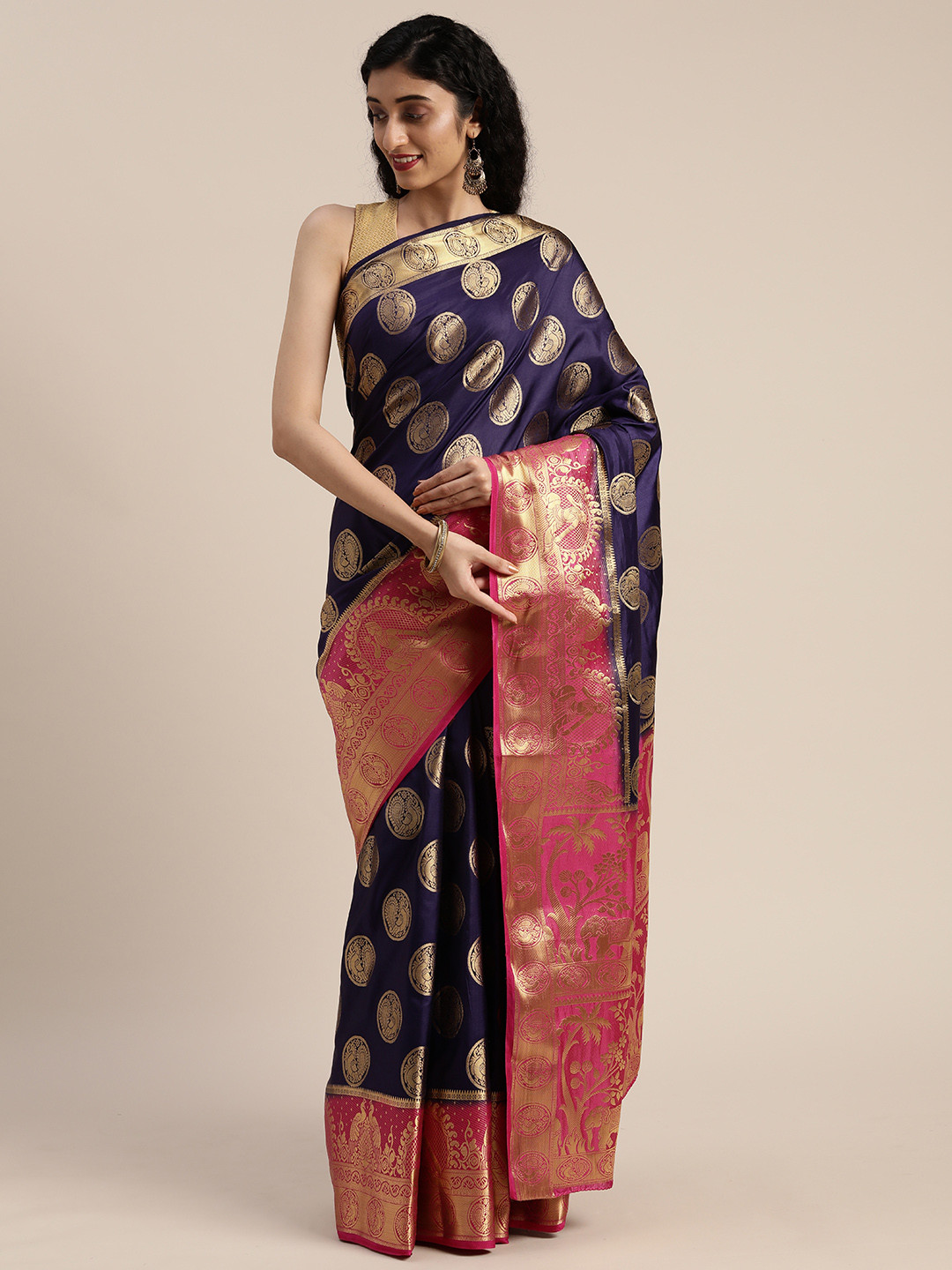 

MIMOSA Navy Blue & Gold-Toned Art Silk Woven Design Kanjeevaram Saree