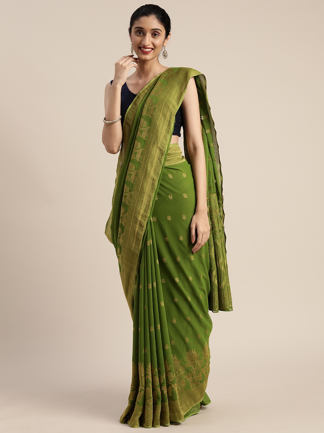 

MIMOSA Olive Green & Golden Poly Chiffon Woven Design Banarasi Saree