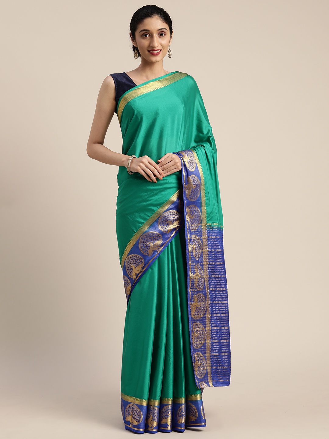 

MIMOSA Green Poly Crepe Solid Mysore Silk Saree