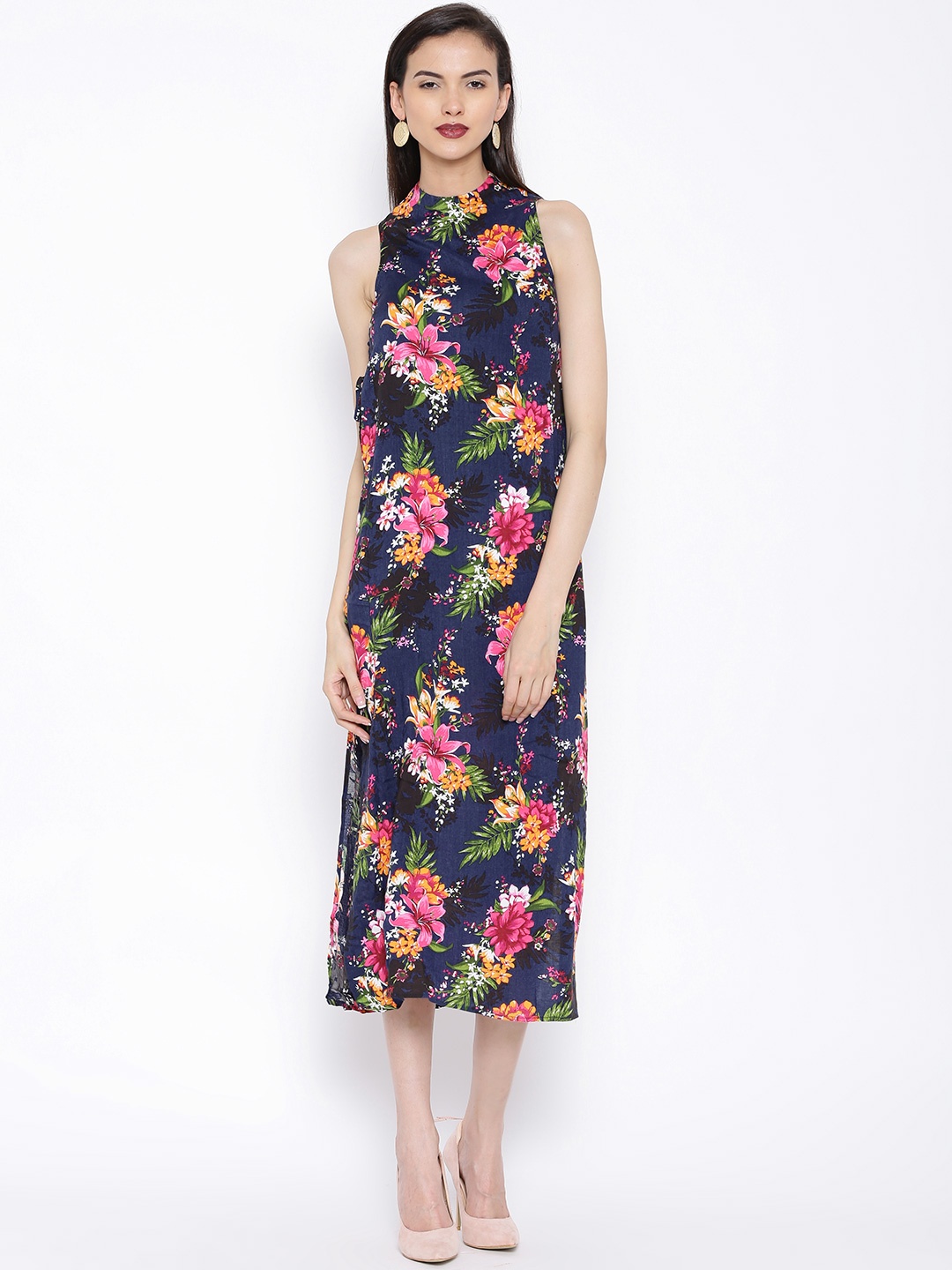 

Tokyo Talkies Navy Floral Print High-Slit Maxi Top, Navy blue