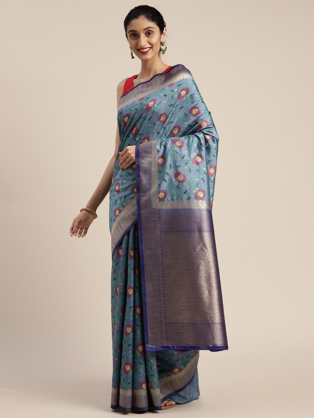 

MIMOSA Grey & Gold-Toned Art Silk Woven Design Saree