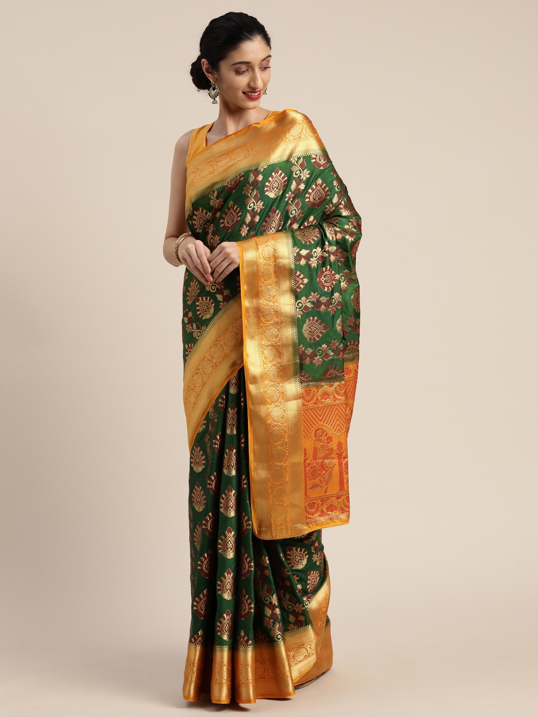 

MIMOSA Green & Golden Art Silk Woven Design Patola Saree