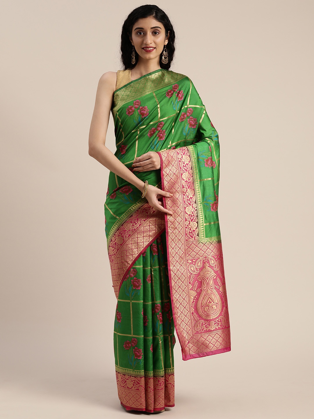 

MIMOSA Green & Pink Art Silk Woven Design Patola Saree